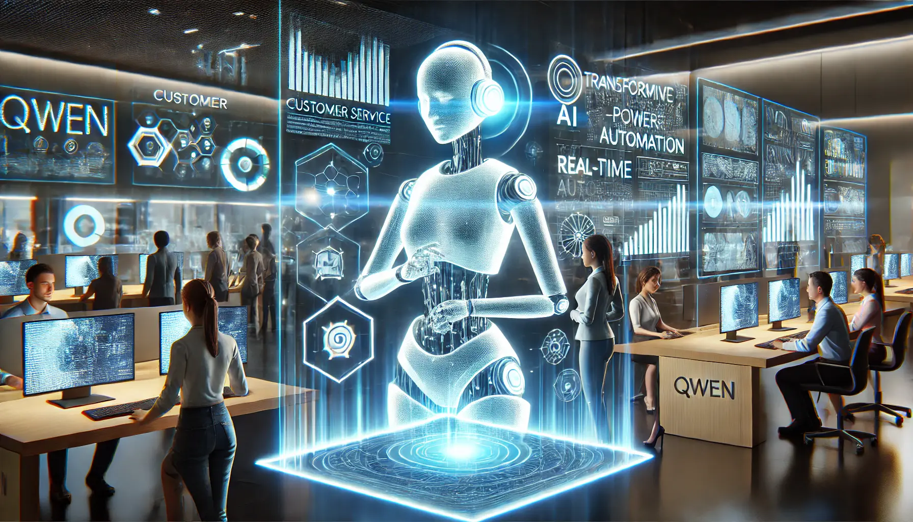 A futuristic customer service center where a glowing digital assistant interacts with customers, providing AI-powered service and processing complex tasks in real-time.