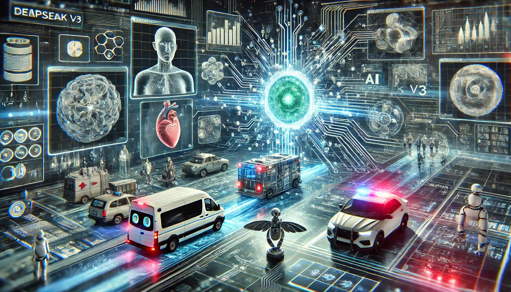 A futuristic AI system processing complex visual data, including medical scans, autonomous vehicle navigation, and smart surveillance.