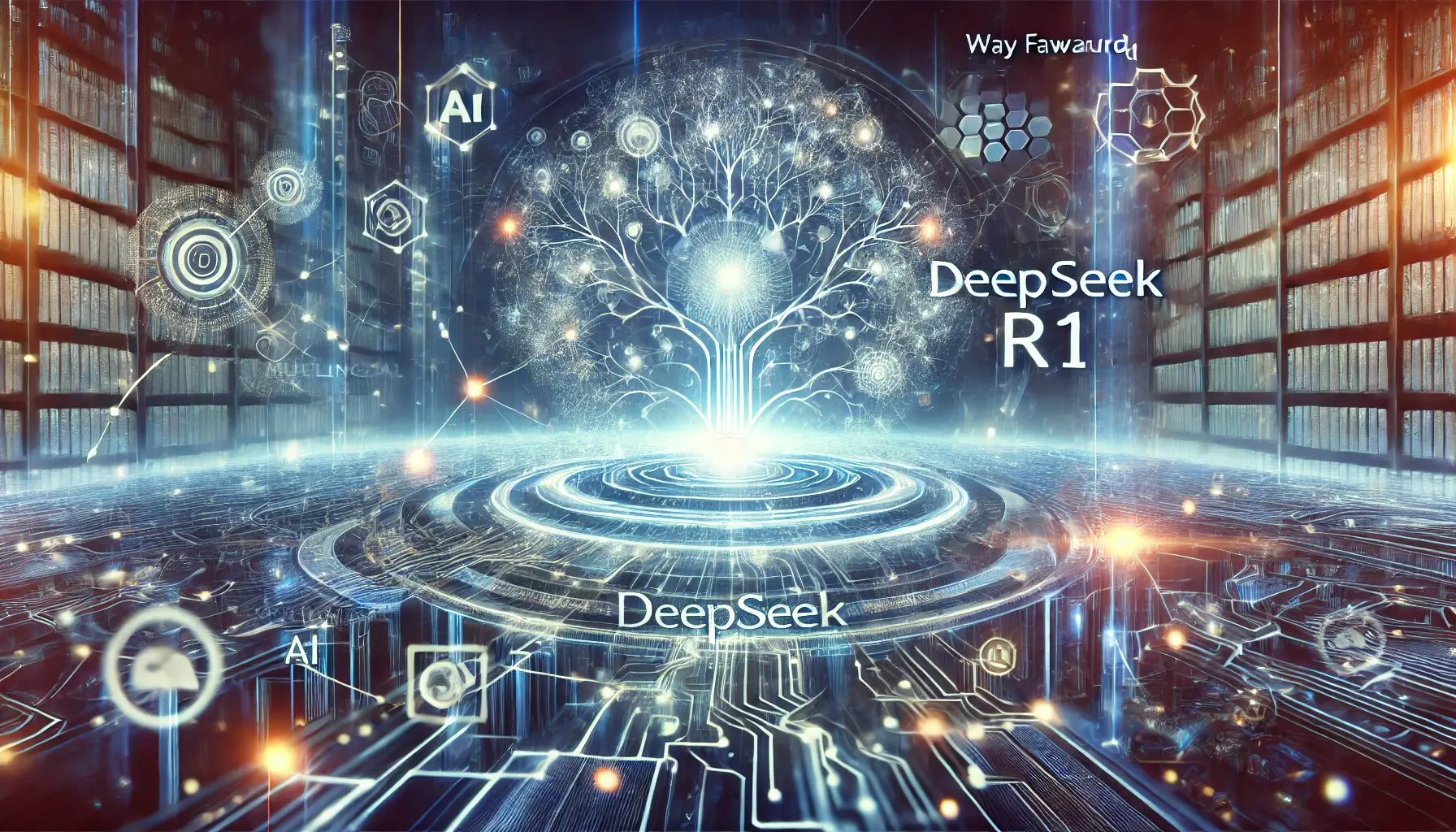 A futuristic digital landscape with a glowing neural network symbolizing the future growth of DeepSeek R1 and multilingual AI.