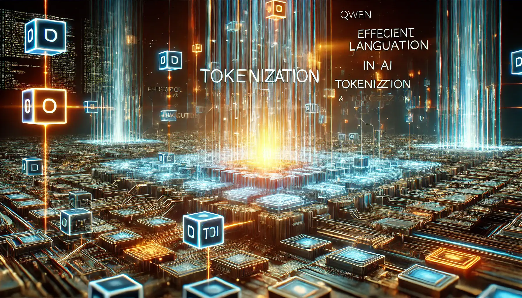 A futuristic digital representation of AI tokenization, featuring structured data streams and a glowing neural network processing segmented information.