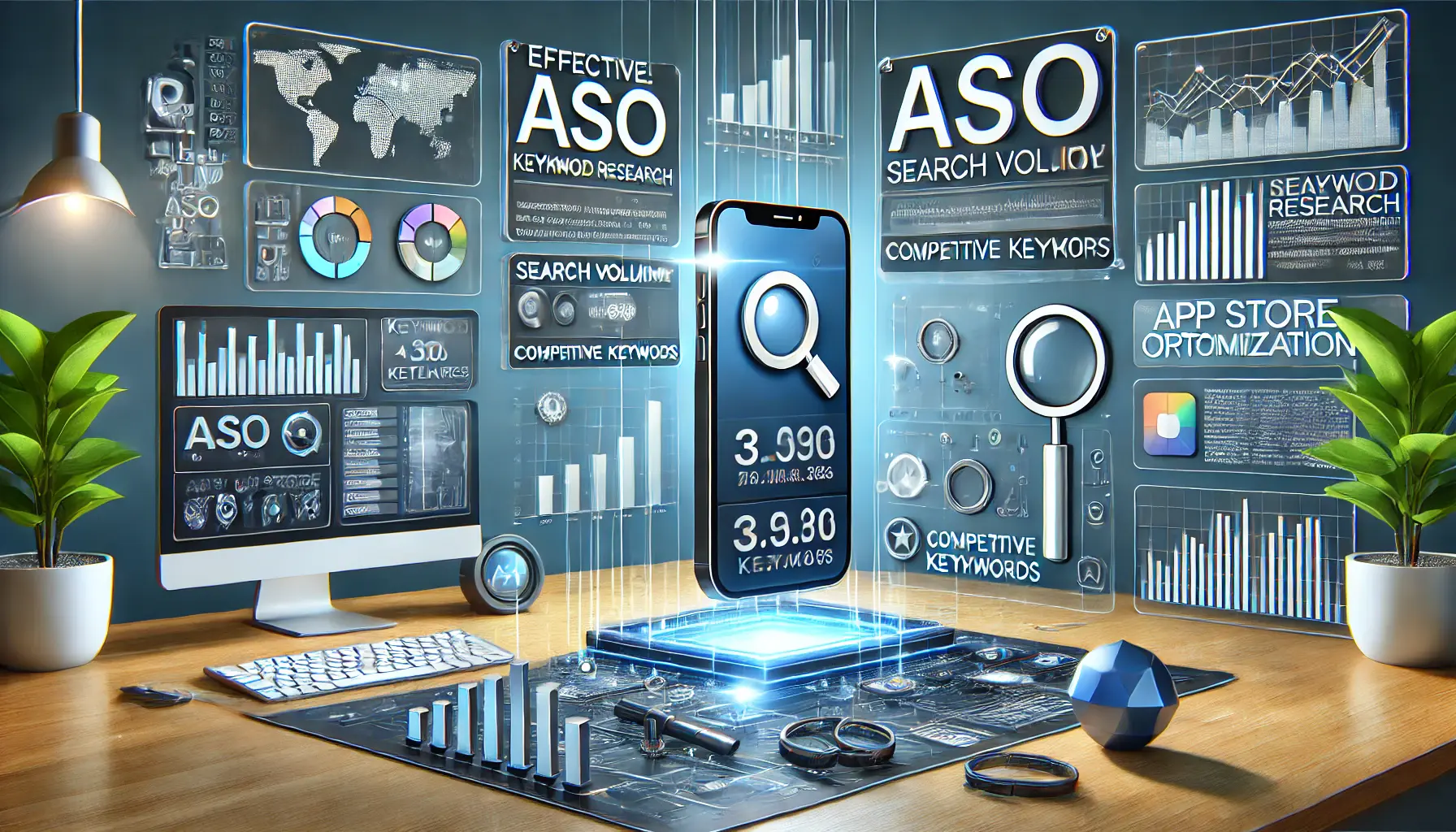 A digital illustration of a modern workspace featuring multiple screens displaying keyword analytics, search volume graphs, competitive analysis, and app store search results.