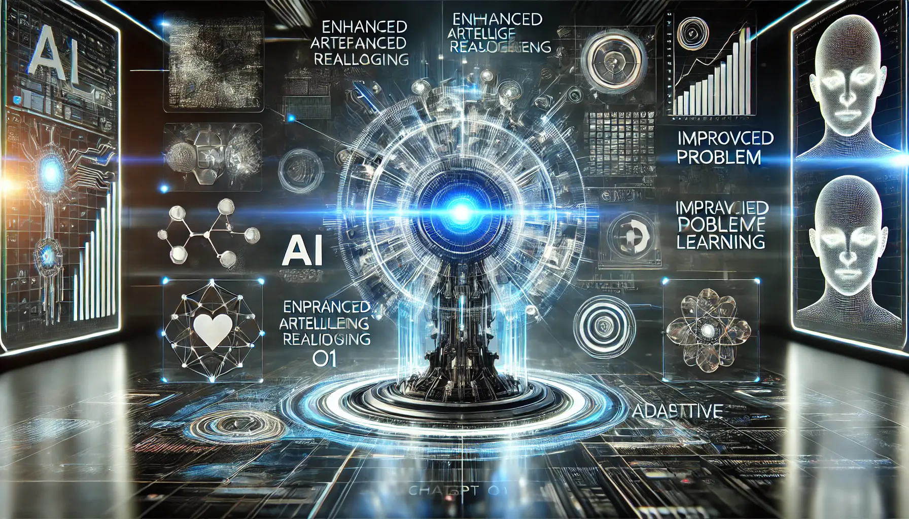 A futuristic AI model showcasing its advanced features in a high-tech digital environment.