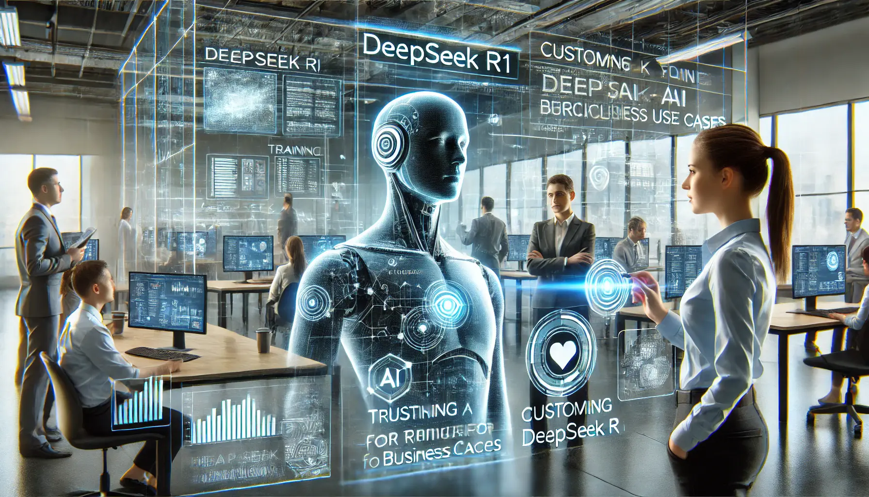 AI experts training DeepSeek R1 with holographic data and customized models for specific business applications in a high-tech office.