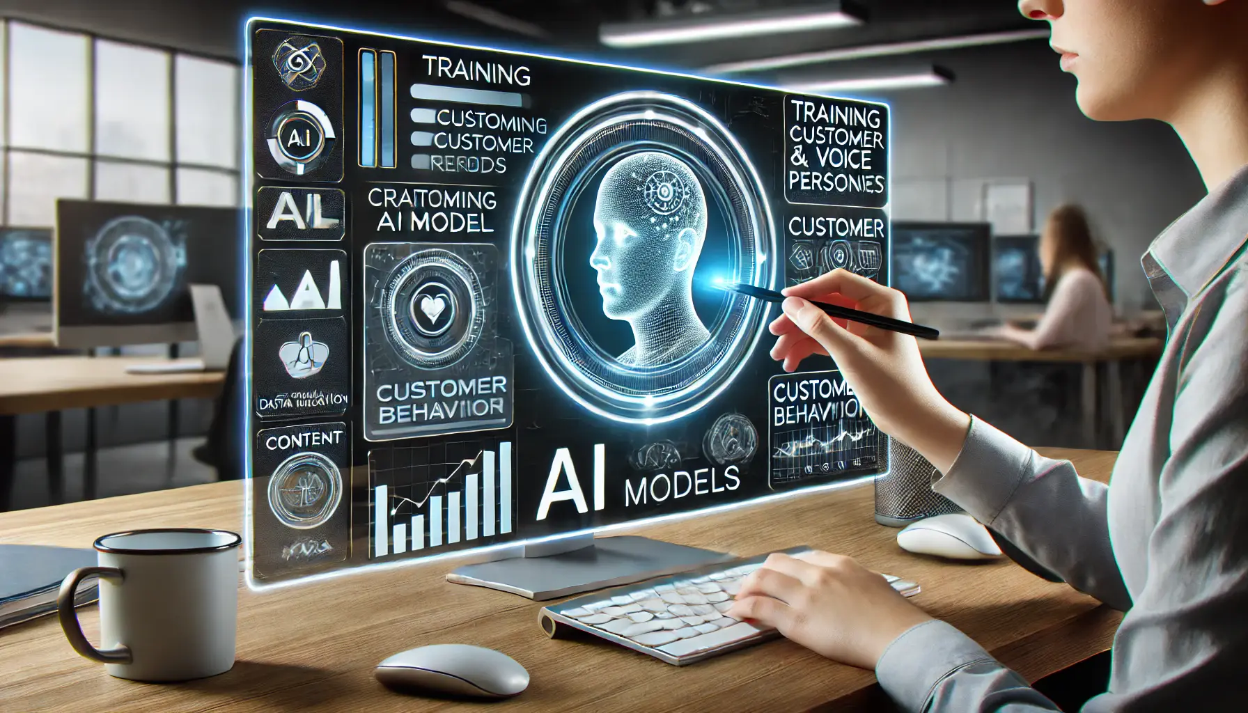 A digital marketing workspace focused on training and customizing AI models. A marketer customizes the AI to align with the brand's tone, voice, and customer personas, with data inputs and customer behavior analysis displayed.