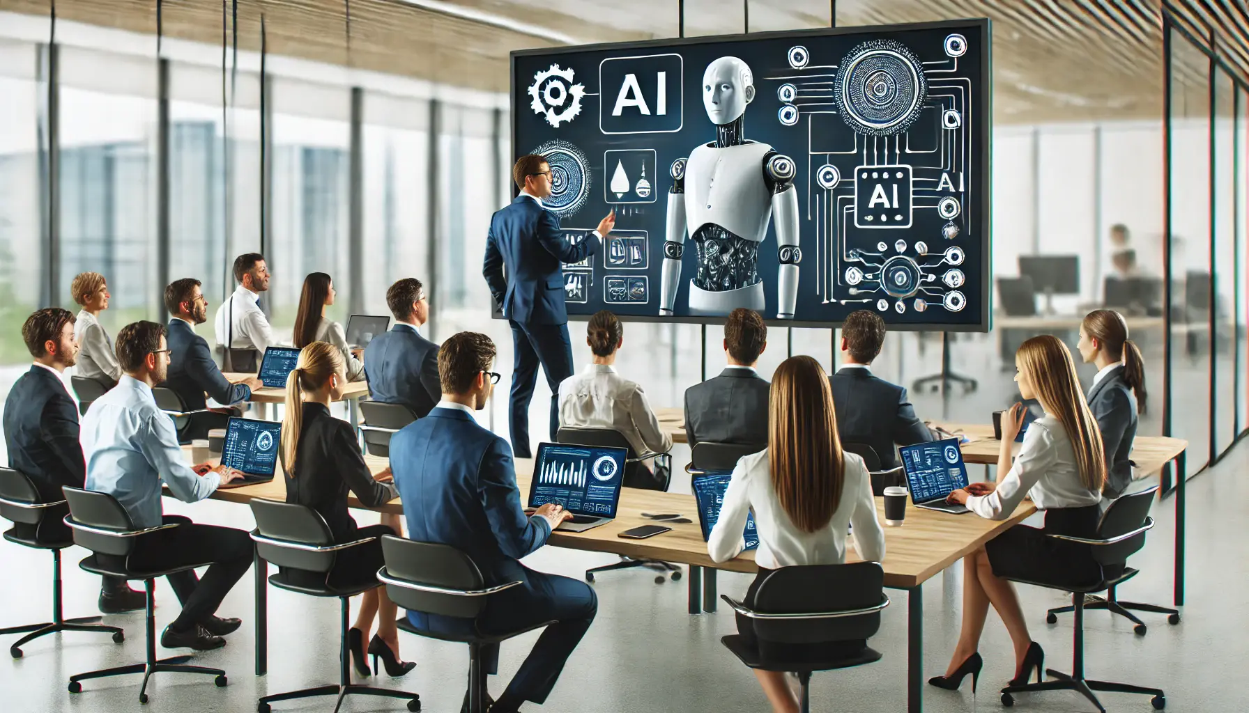 A corporate training session in a modern office where employees are learning AI-powered tools and technologies.