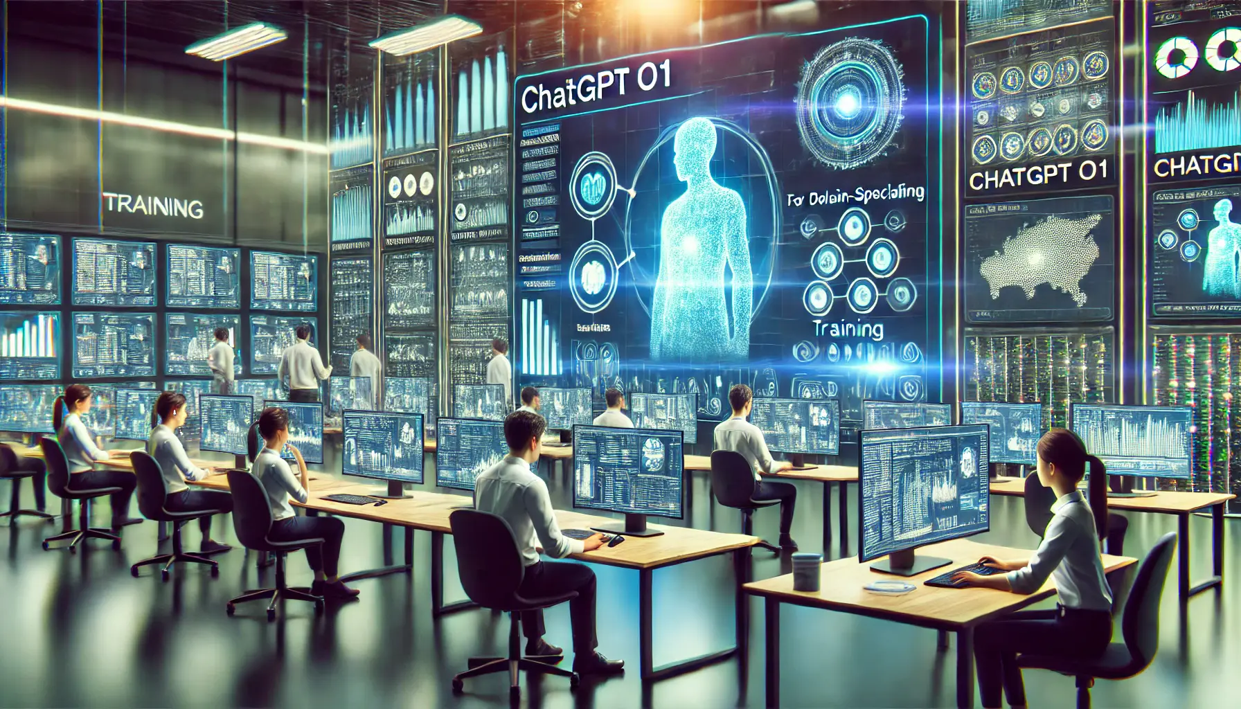 A modern AI training lab with multiple monitors displaying datasets for industries like healthcare and finance, focused on training ChatGPT o1 for domain-specific applications.