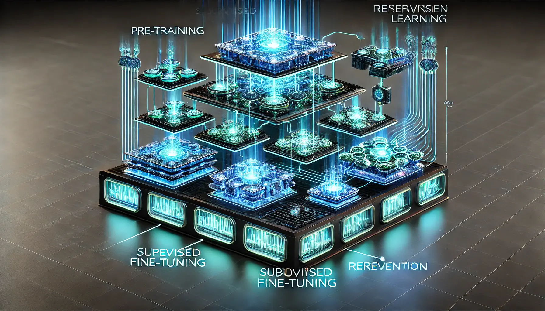 A futuristic depiction of DeepSeek v3's training methodologies, showing multiple layers of interconnected neural networks representing pre-training, supervised fine-tuning, and reinforcement learning.