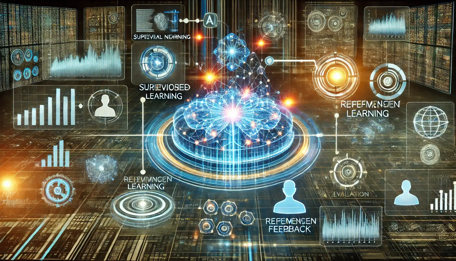 A futuristic representation of AI training methodologies, showing supervised learning with feedback loops and reinforcement learning processes.