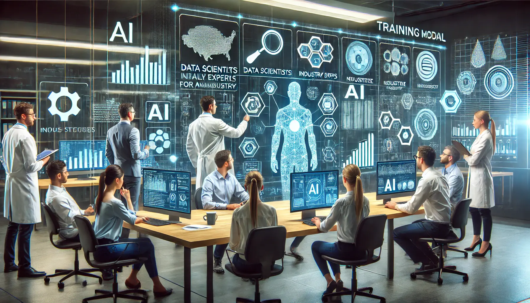 A team of data scientists and industry experts collaborating to train an AI model with industry-specific data, using holographic displays to analyze the training process.