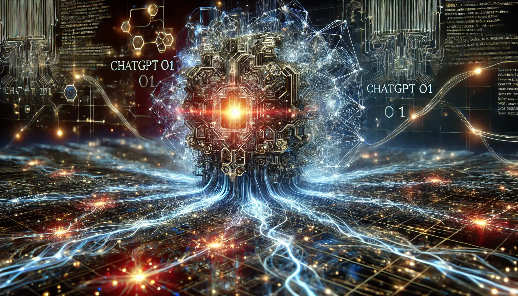 A futuristic neural network with interconnected nodes and glowing pathways representing the transformer-based AI framework.