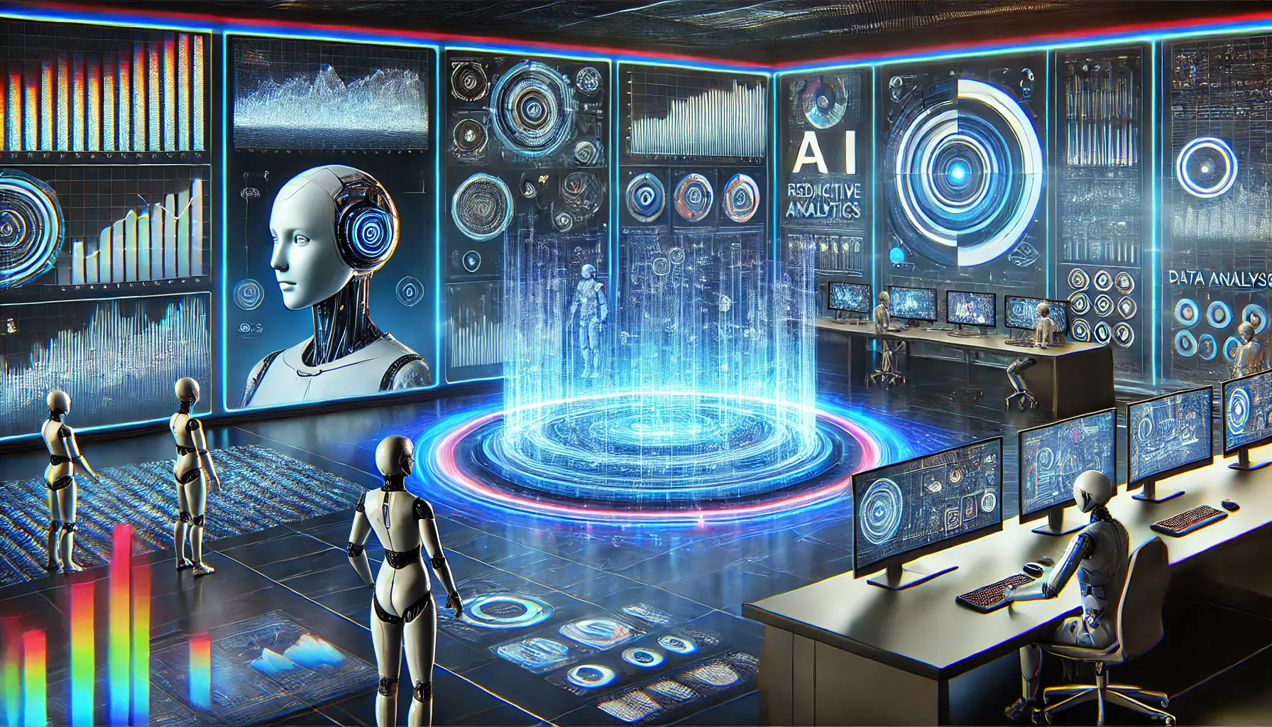 A futuristic digital control center showcasing AI-driven data analysis with holographic screens displaying complex graphs and predictive analytics.