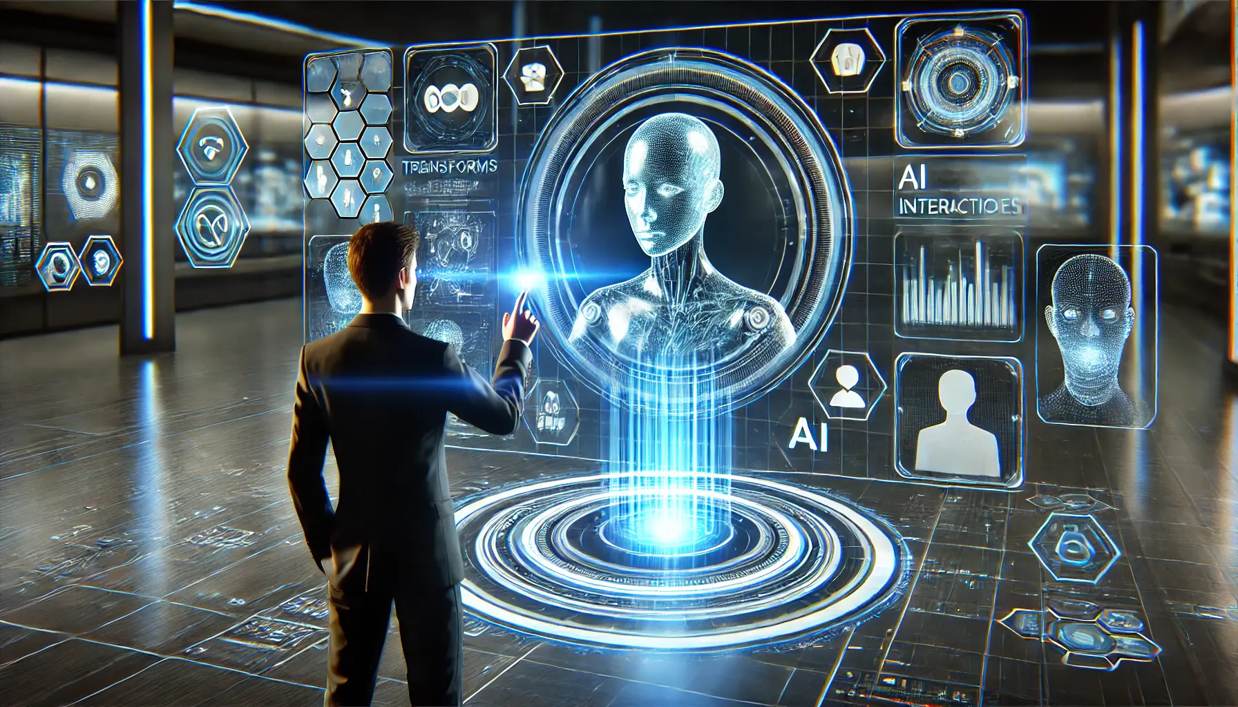 A user interacting with a holographic AI interface, displaying dynamic human-like responses in a futuristic tech environment.