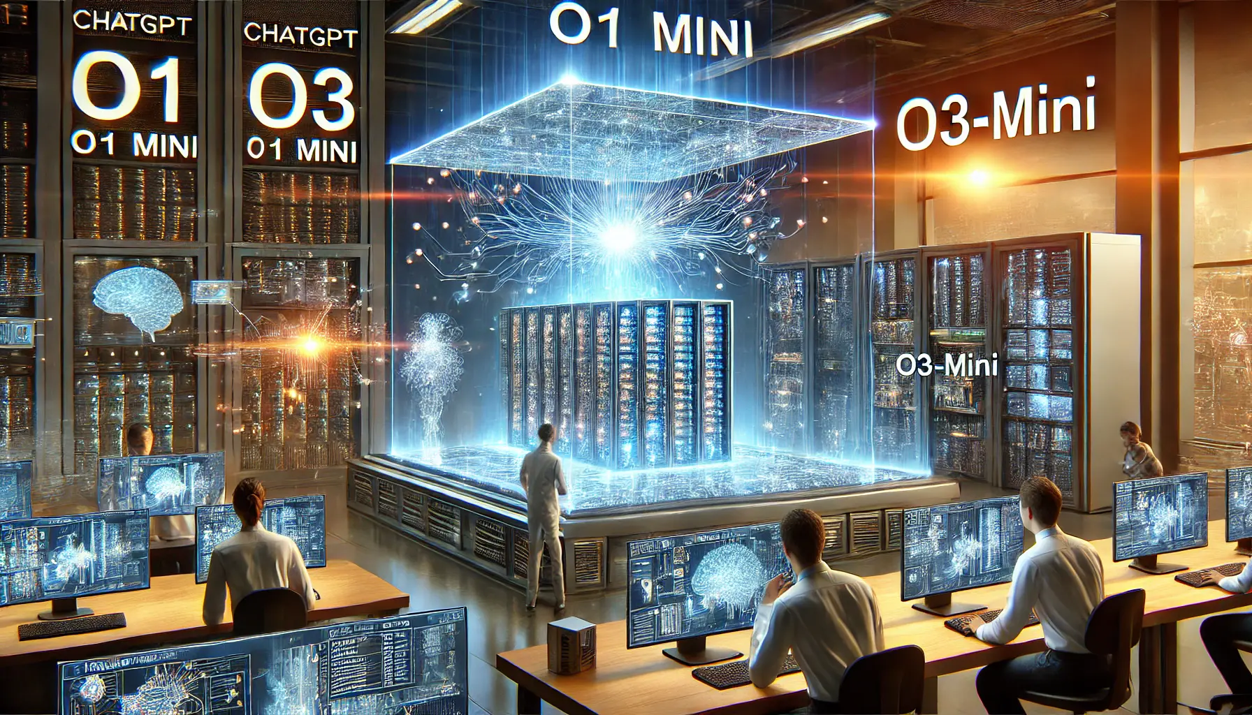 Engineers observing the transition from the ChatGPT o1 Mini model to the o3-Mini model, with glowing neural networks and advanced data structures transforming.