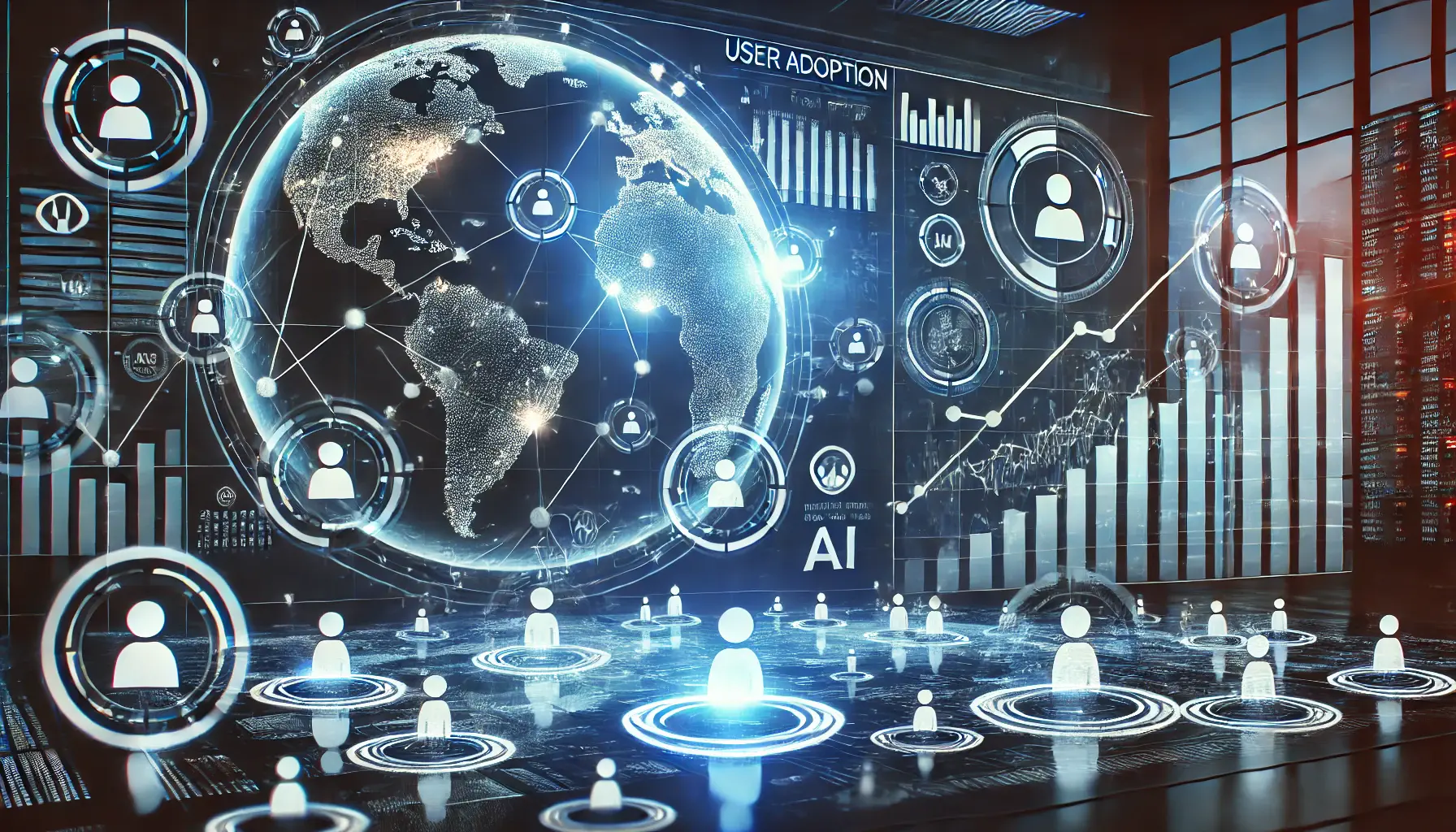 A futuristic digital interface showing trends in the global adoption of AI technology with expanding user circles and data points.