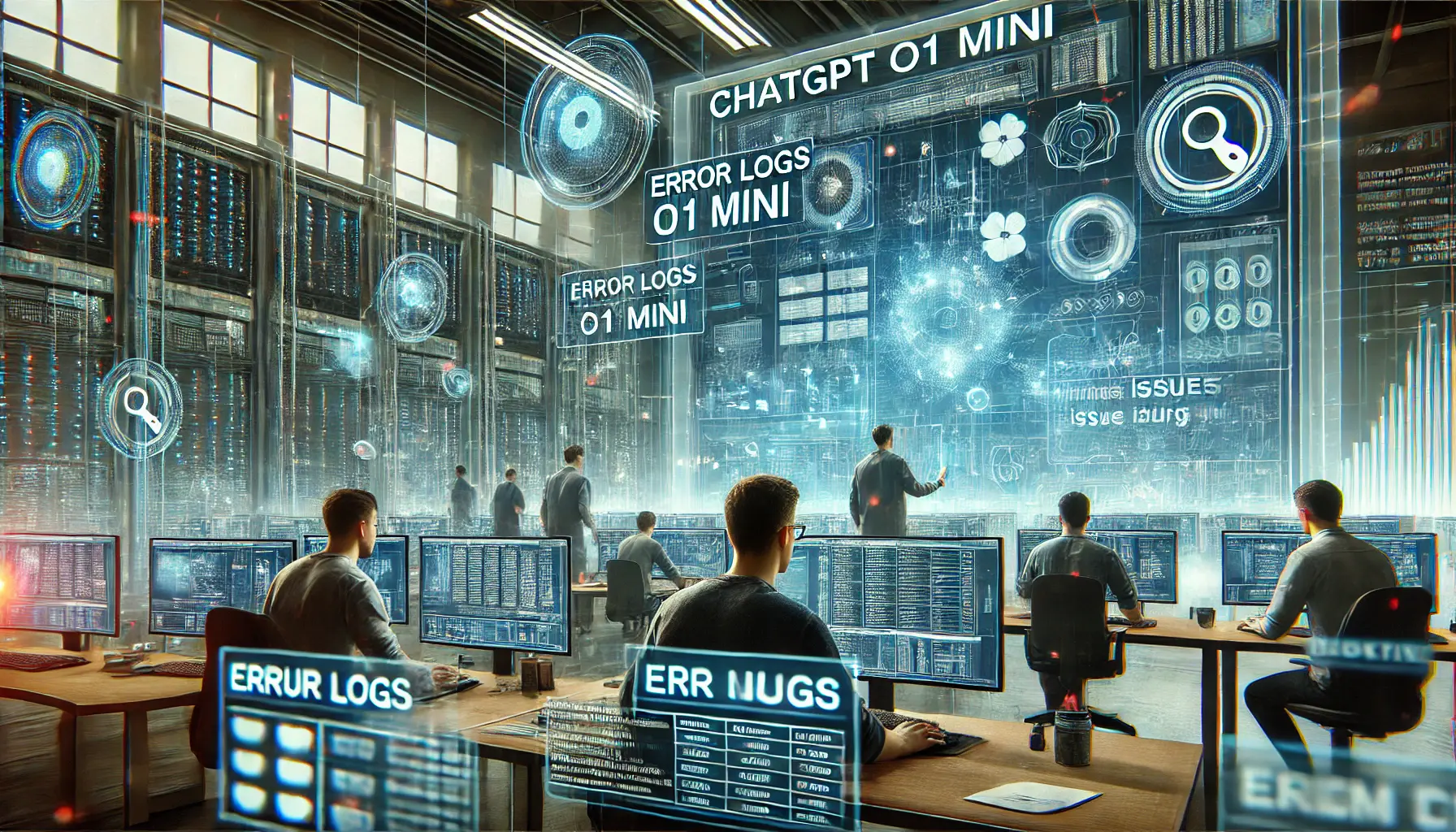 Engineers troubleshooting issues during ChatGPT o1 Mini integration, analyzing error logs and system diagnostics on multiple monitors in a high-tech workspace.