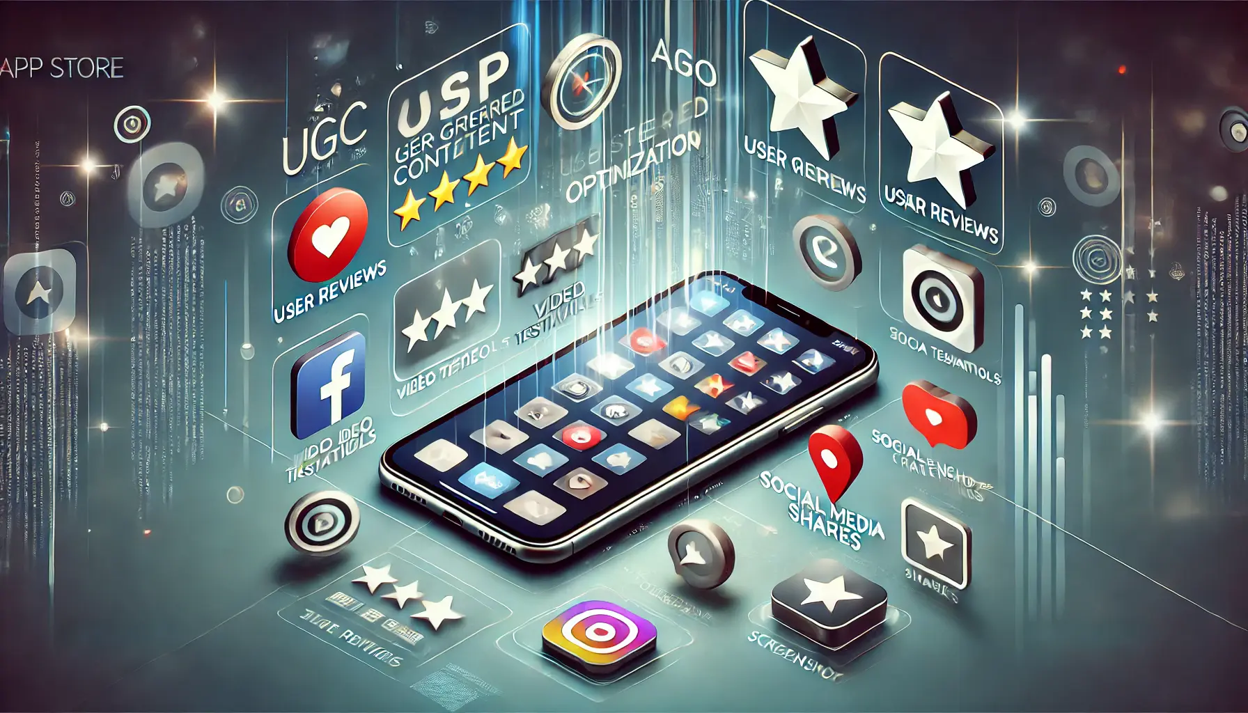 A visually engaging representation of different types of user-generated content (UGC) for app store optimization, featuring a smartphone surrounded by floating elements like user reviews, star ratings, video testimonials, social media shares, and screenshots.