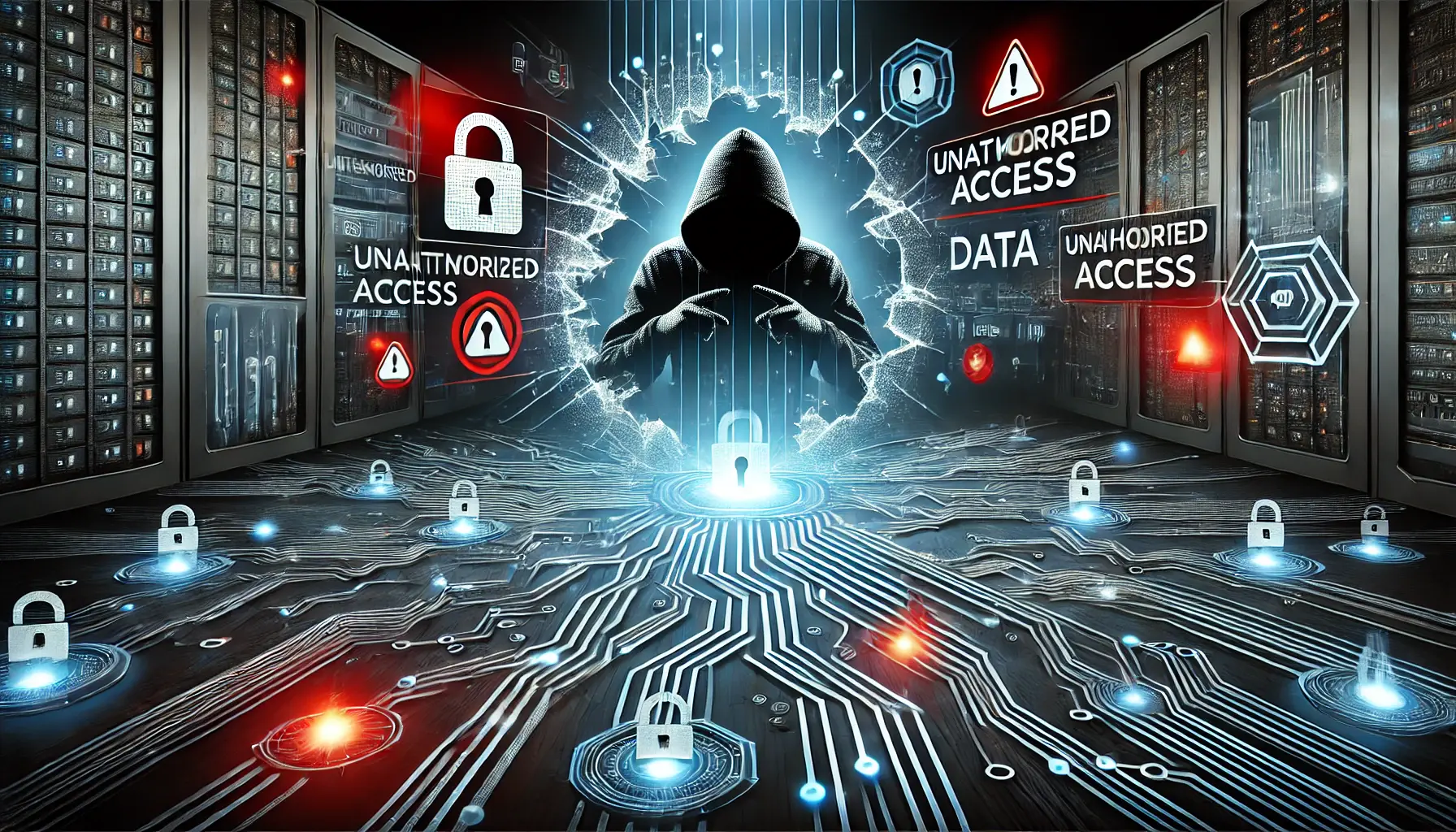 A high-tech digital scene depicting a broken security firewall, with a hacker manipulating data streams and red warning alerts indicating unauthorized access.