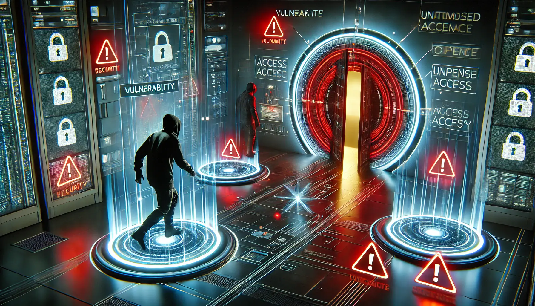 A high-tech security breach scene depicting unauthorized access, with a hacker bypassing a digital security system.