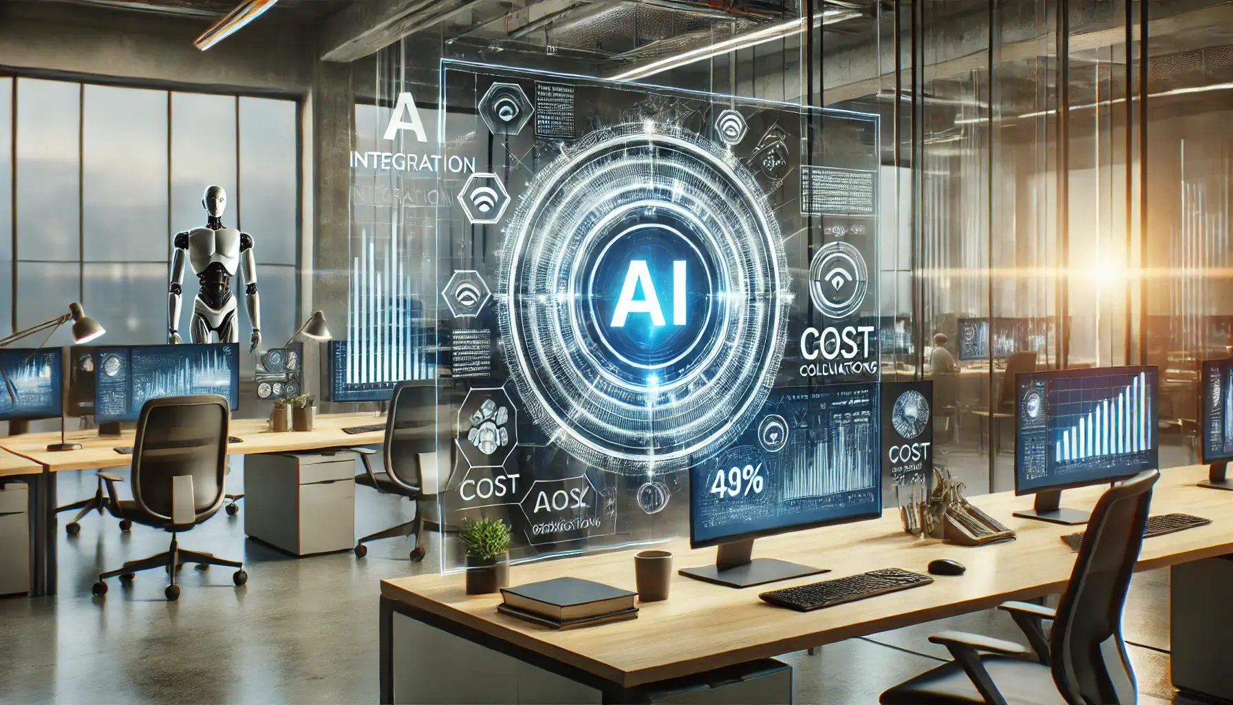 A futuristic digital workspace showcasing AI integration with holographic screens displaying AI-driven analytics and cost calculations.