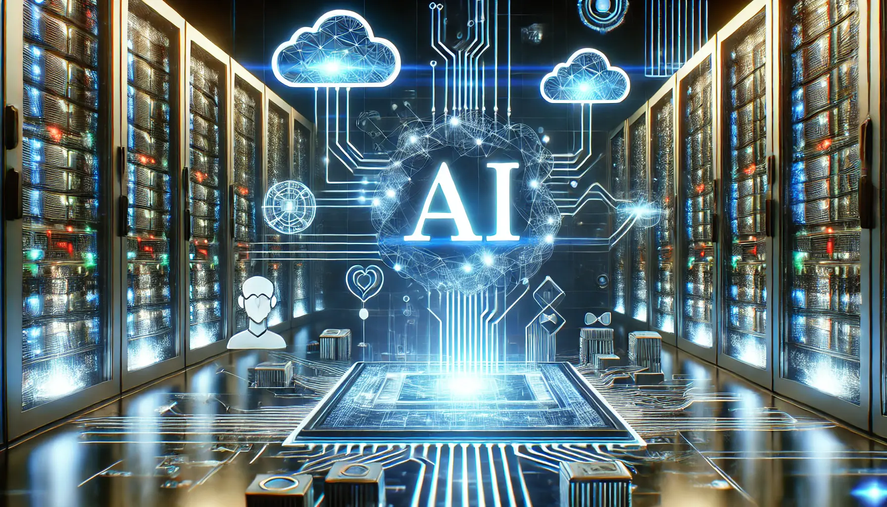 A futuristic digital landscape showcasing AI technology integration in a high-tech server room with glowing data streams and interconnected cloud computing elements.