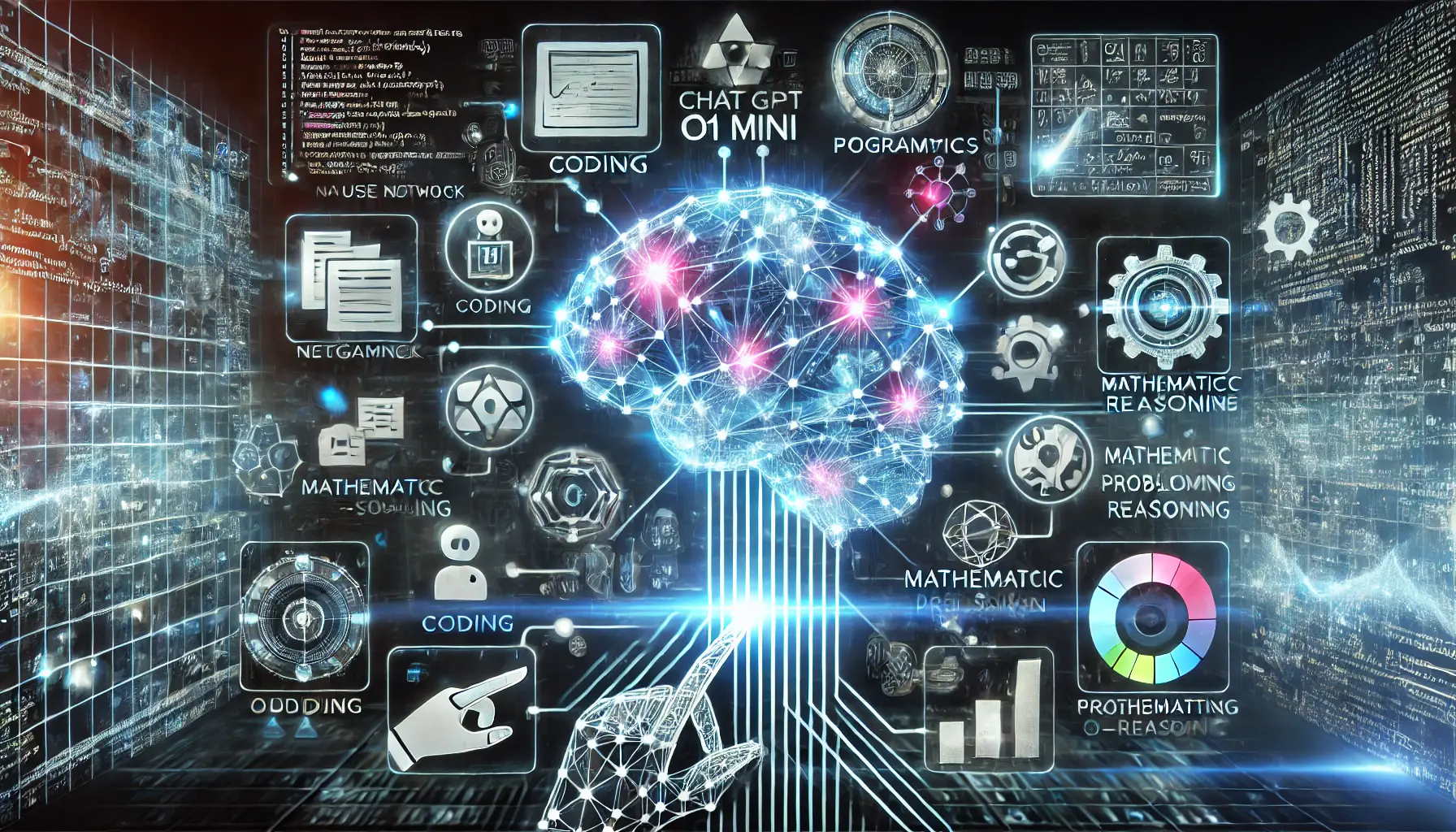 A futuristic representation of ChatGPT o1 Mini interacting with various domains like coding, mathematics, and logical reasoning.