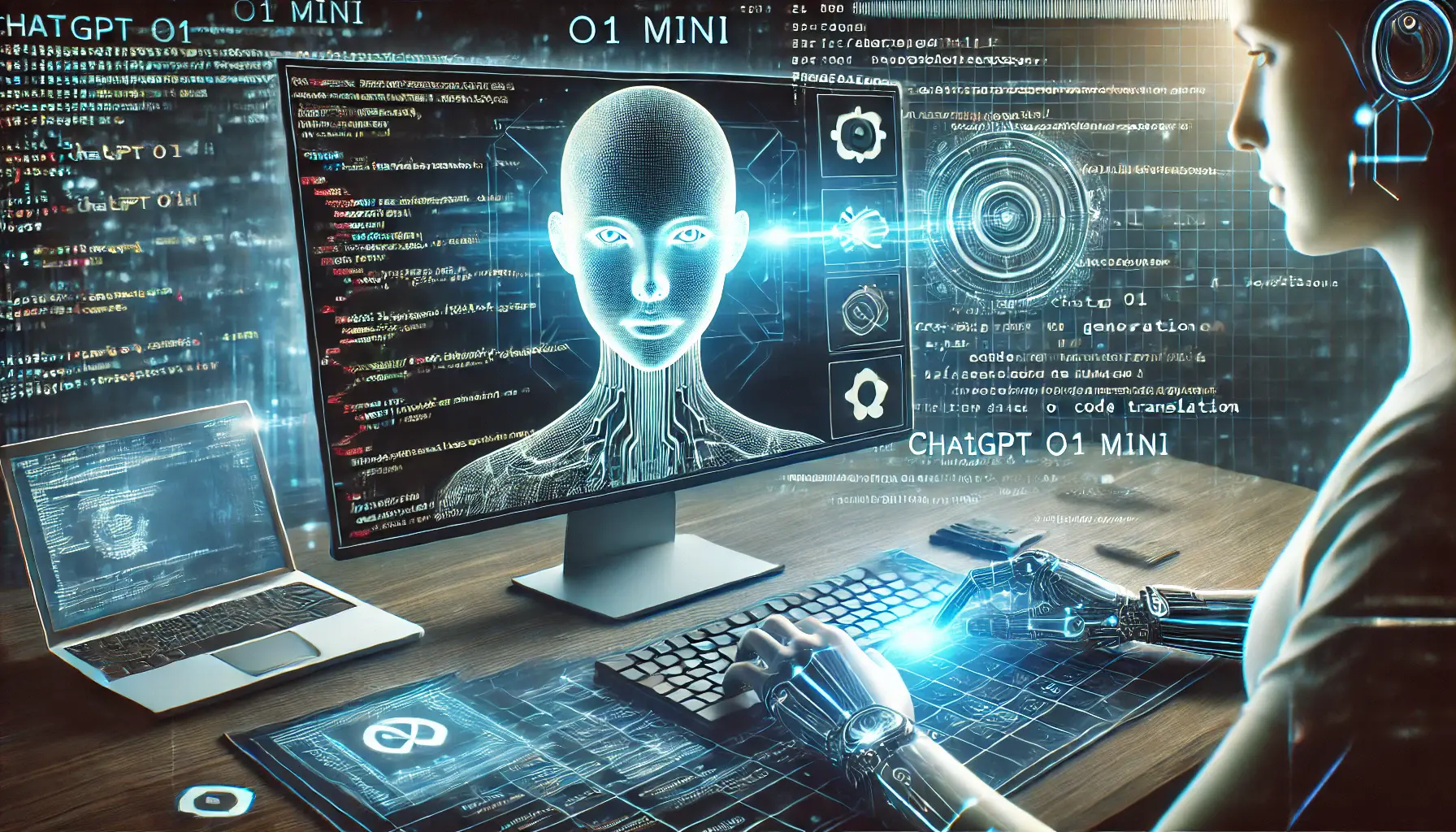 A futuristic coding environment where ChatGPT o1 Mini assists a programmer with code generation, debugging, and code translation.