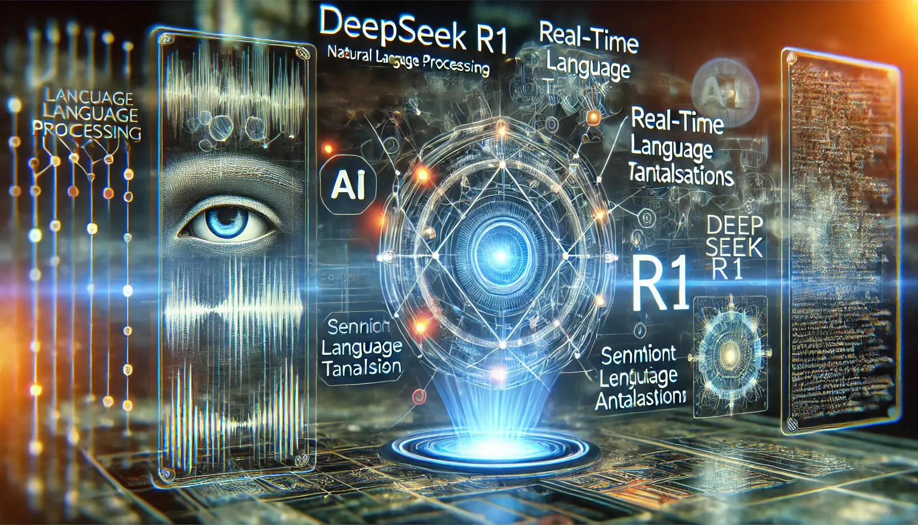 A futuristic AI-driven interface with holographic data flows representing AI-powered text analysis, translation, sentiment analysis, and summarization.