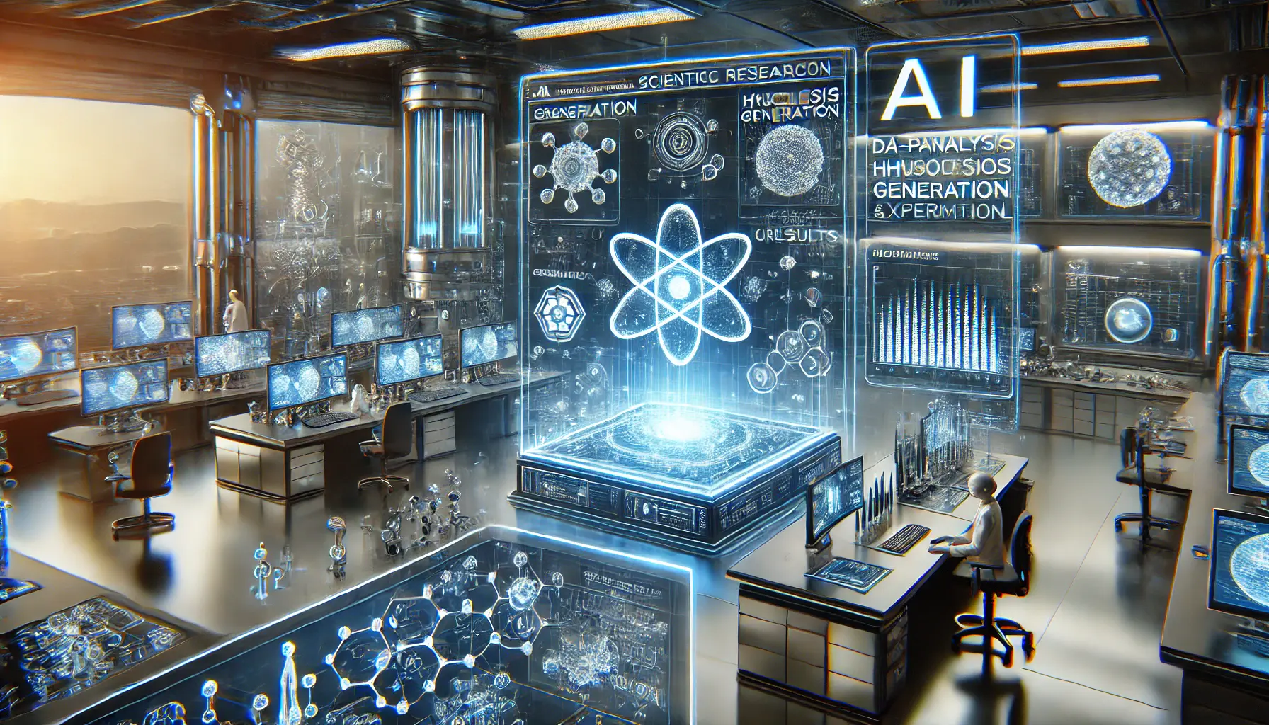 A futuristic AI-powered laboratory environment with holographic displays and data streams symbolizing complex scientific analysis.