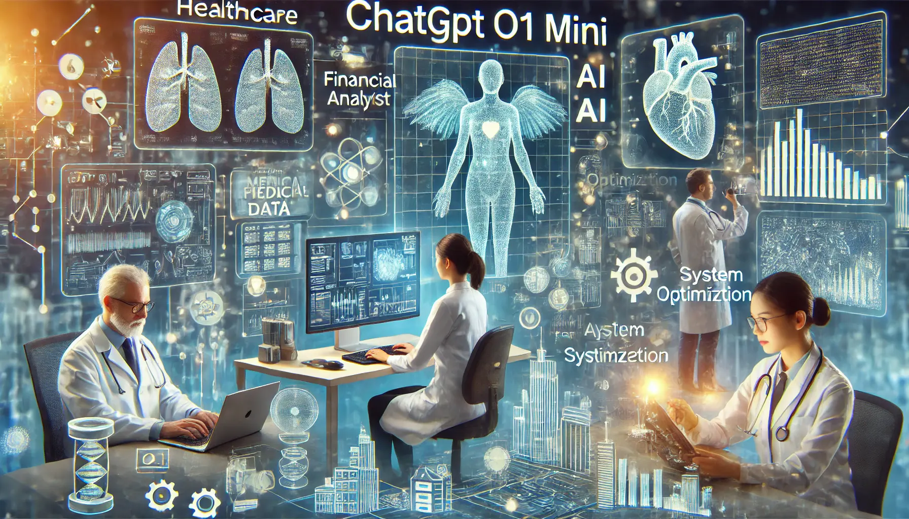 ChatGPT o1 Mini being used in healthcare, finance, and engineering, assisting professionals in each industry.