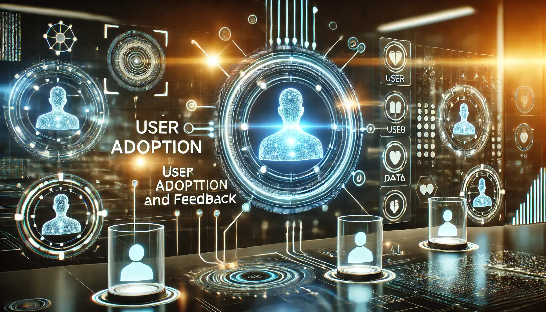 A futuristic AI interface depicting user adoption and feedback, with glowing feedback systems and holographic displays showing user inputs.