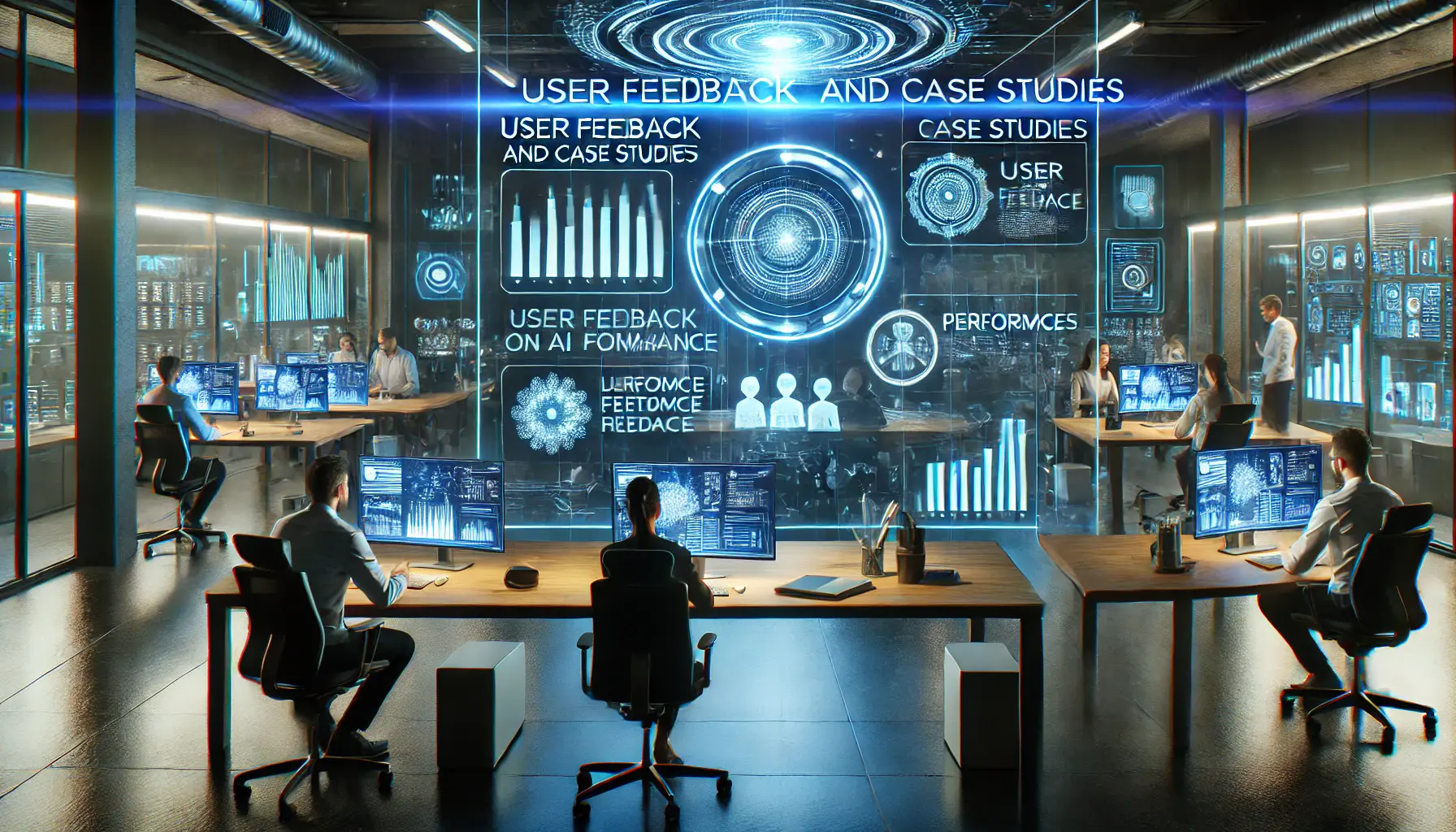 A modern office environment where professionals analyze user feedback and case studies on AI performance, with holographic displays showing data.