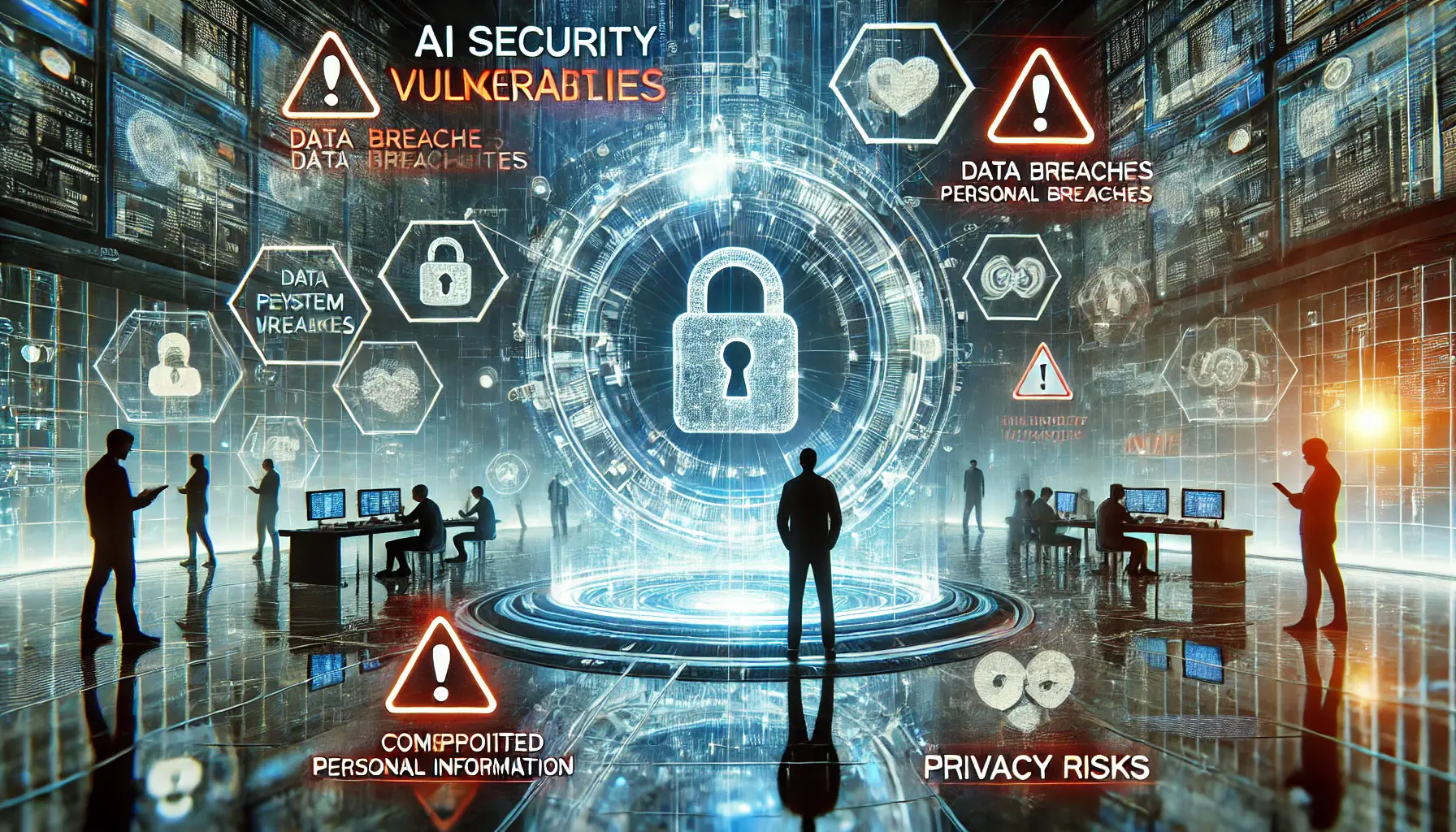 Concerned users in a cyber environment surrounded by holographic warning alerts, data breaches, and privacy risks from AI vulnerabilities.