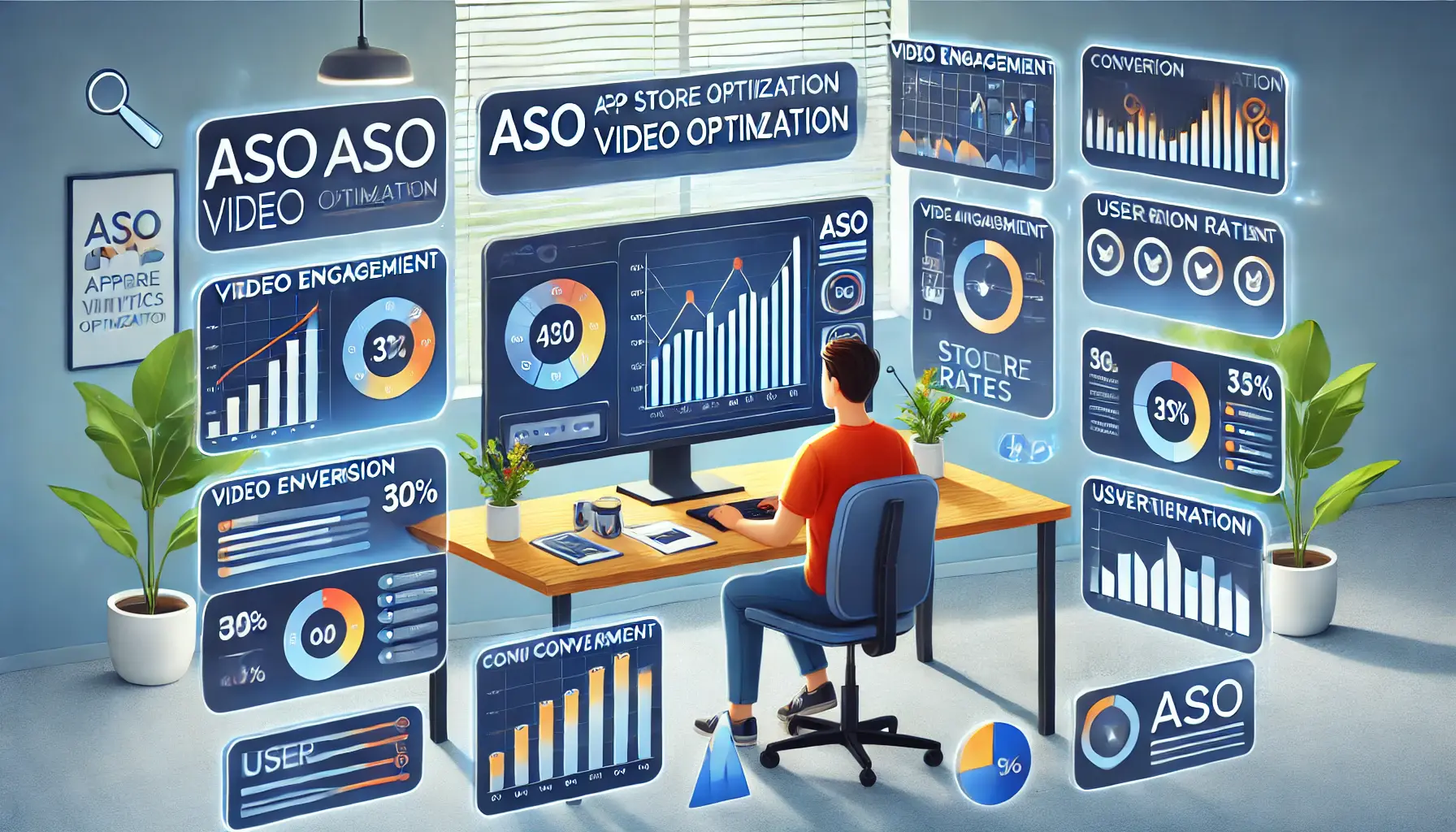 A digital illustration of a designer analyzing analytics data for ASO video optimization, with screens displaying video engagement graphs, conversion rates, and user behavior analysis.