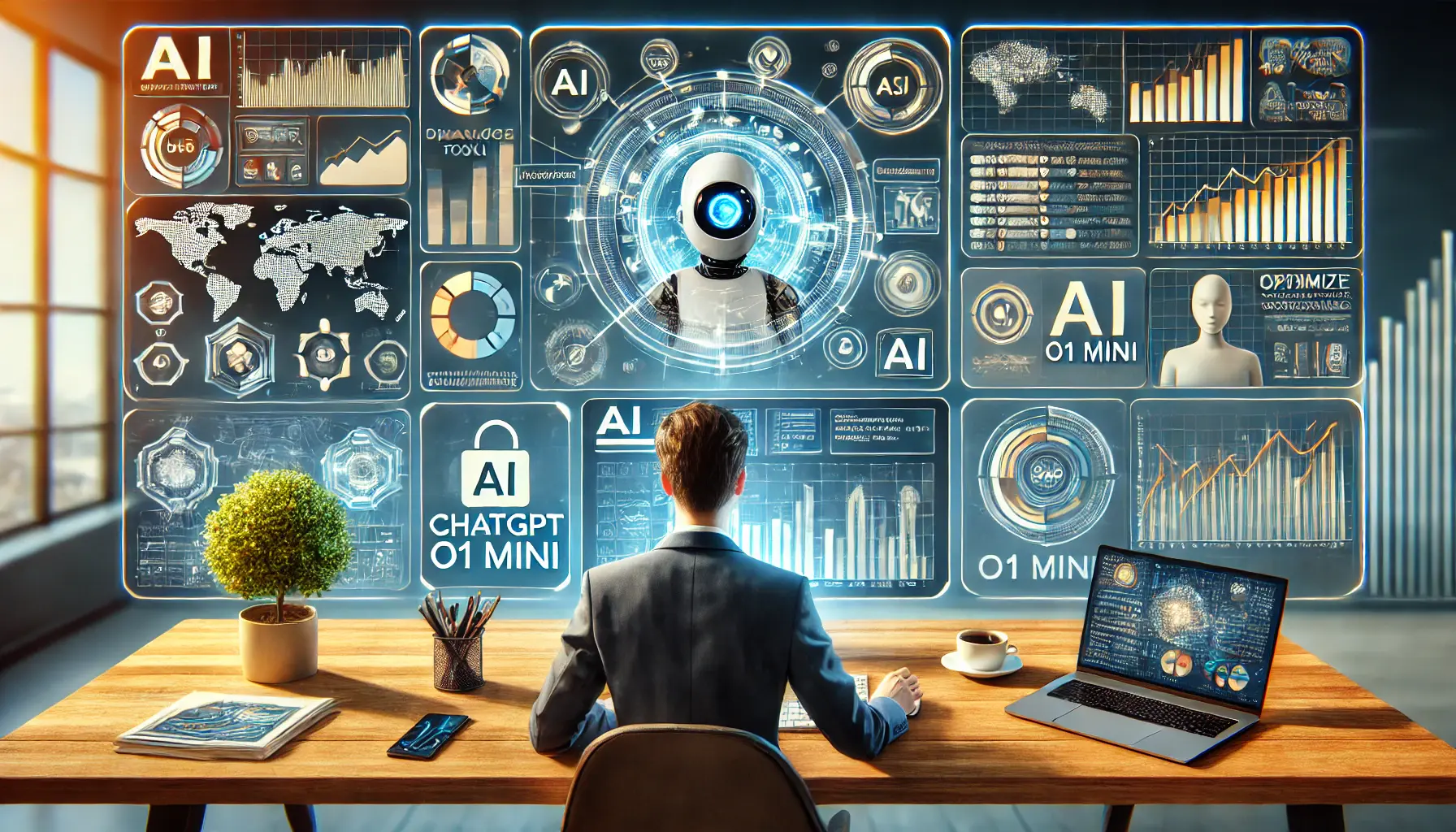 A sophisticated digital marketing workspace where AI tools, including ChatGPT o1 Mini, are integrated into a marketing strategy. The workspace shows a marketer utilizing AI to create content, analyze data, and optimize customer engagement, with performance metrics and real-time analytics displayed.