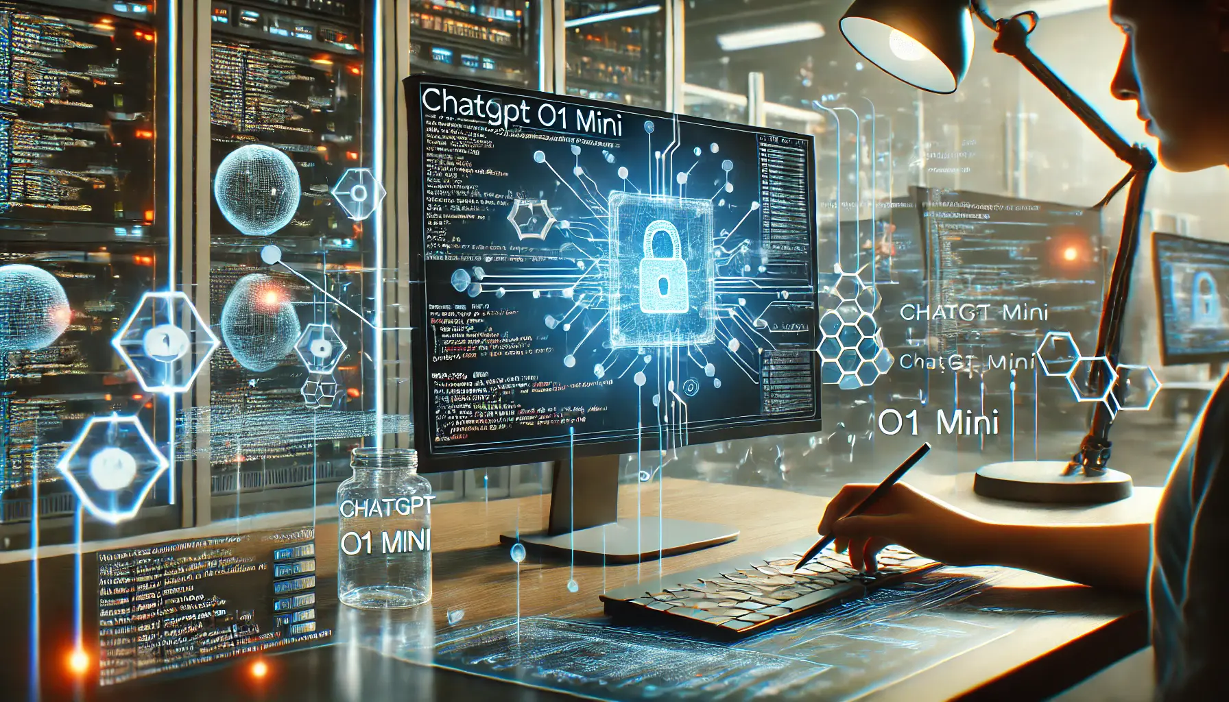 A high-tech digital workspace showing the process of using ChatGPT o1 Mini via API, with a computer screen displaying code and algorithmic connections.
