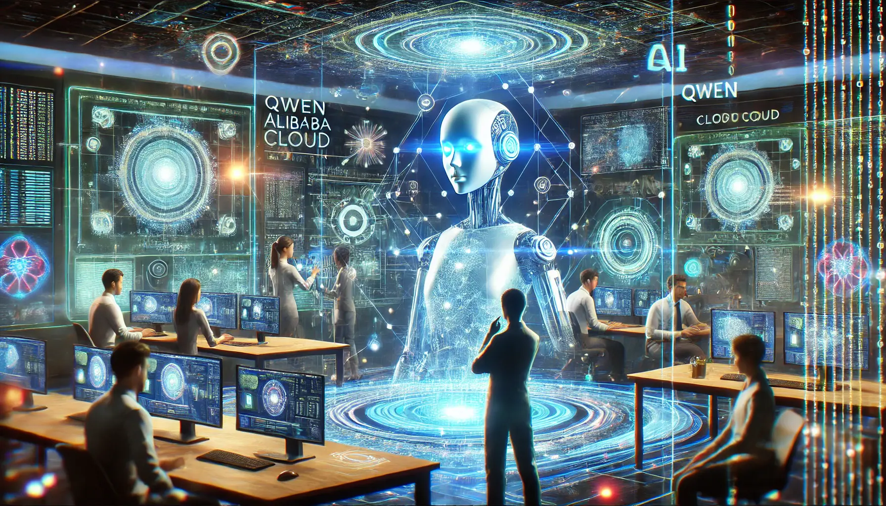 A futuristic development environment where developers are integrating Qwen into a chatbot system, with glowing data streams and holographic interfaces.