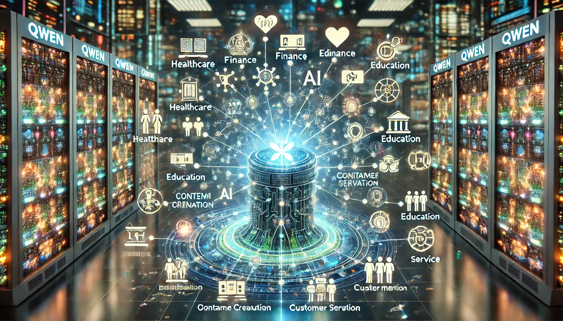 A futuristic visualization of Qwen's applications across industries like healthcare, finance, education, and customer service.