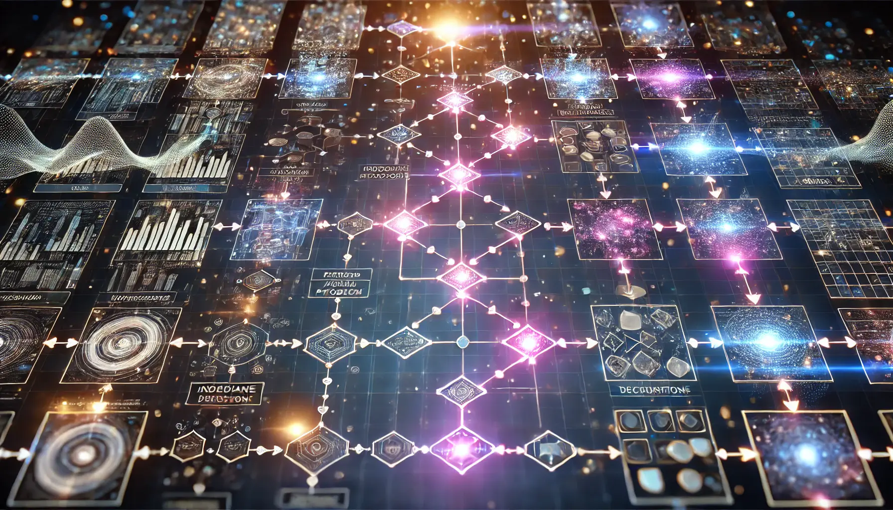 A complex AI model breaking down a problem into sequential steps with glowing data nodes and pathways, representing the reasoning process.