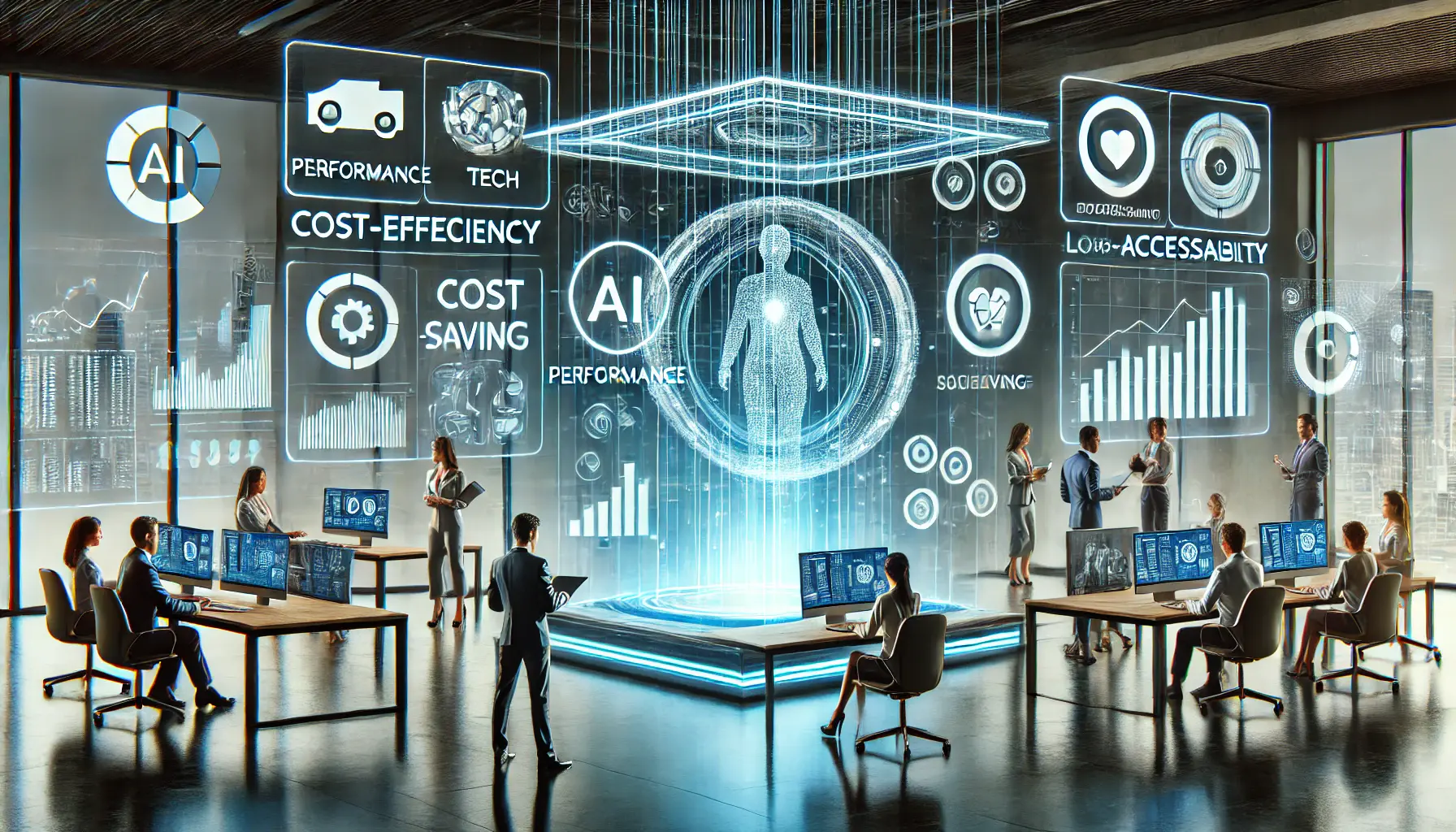 A futuristic office environment with professionals using cost-efficient AI systems, surrounded by holographic screens displaying performance metrics and cost-saving graphs.