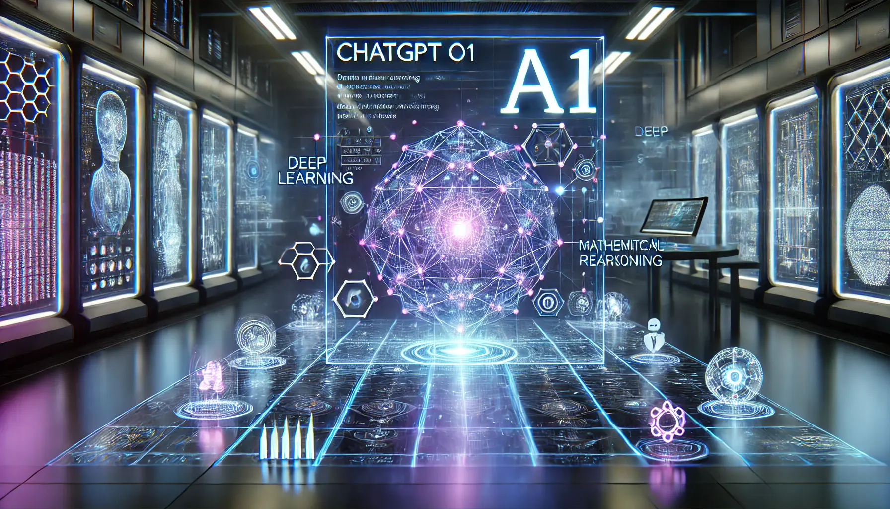 A futuristic representation of ChatGPT o1 with a glowing neural network and holographic AI-driven computations in a high-tech research lab.