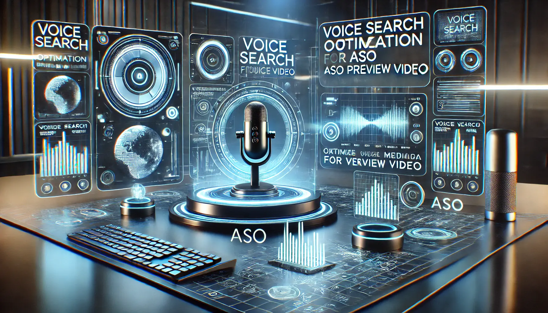 A futuristic digital workspace where AI is optimizing ASO preview video metadata for voice search queries.