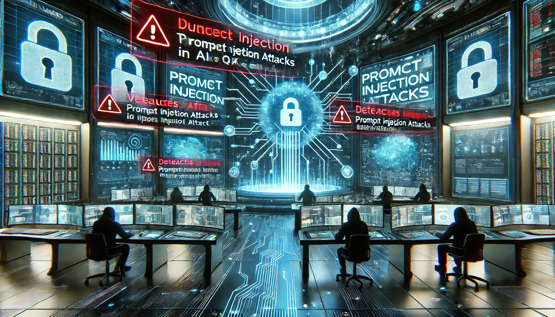 A high-tech control room with professionals detecting malicious input data attempting to manipulate AI systems, with digital displays showing breaches and warning alerts.