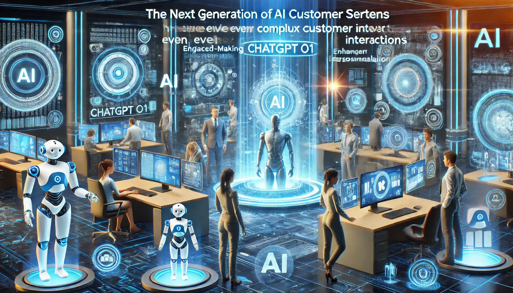 A futuristic customer service environment where AI systems like ChatGPT o1 interact with customers using emerging technologies such as virtual assistants, augmented reality, and robotic customer service agents.