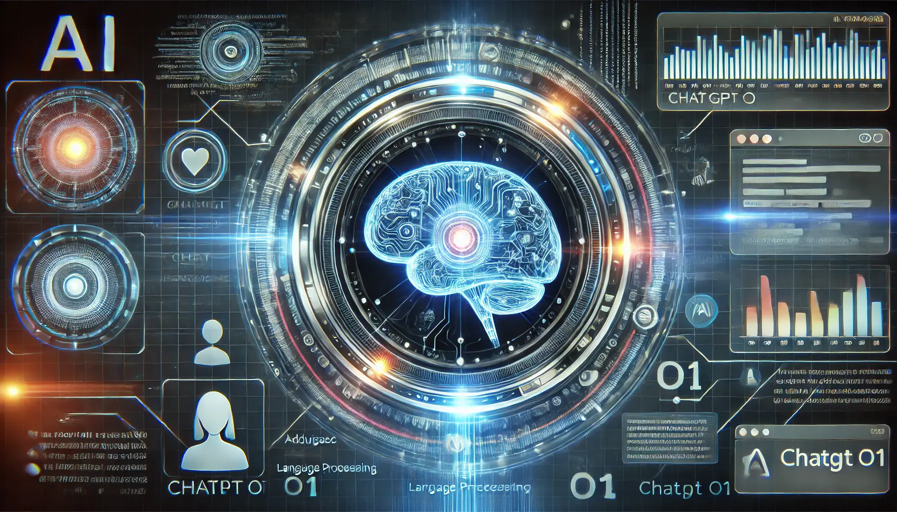 A futuristic AI interface featuring a holographic brain with abstract data flows, symbolizing ChatGPT o1's advanced language processing.