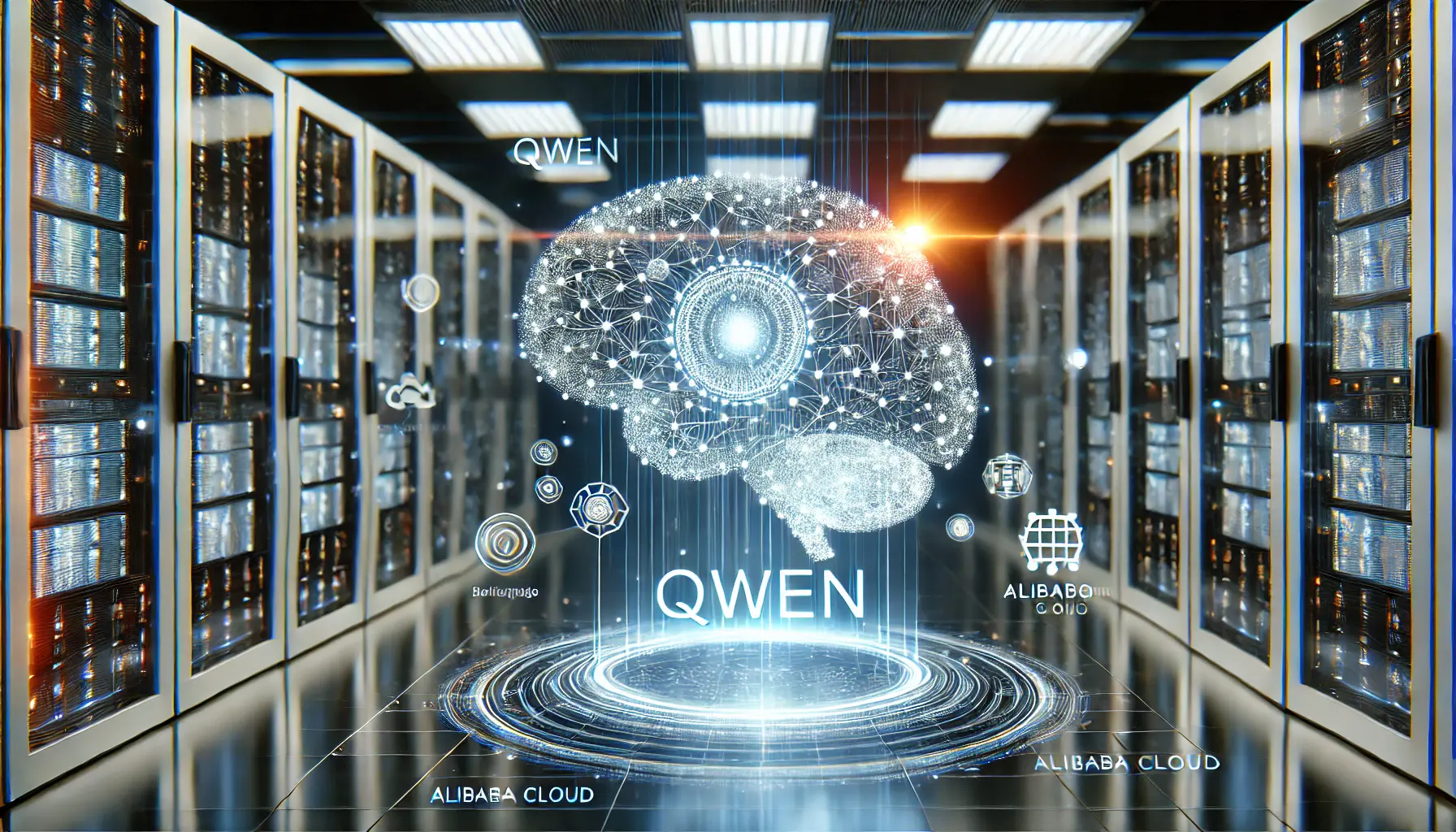 A futuristic representation of Qwen, featuring a glowing digital brain interconnected with data streams in a high-tech data center.