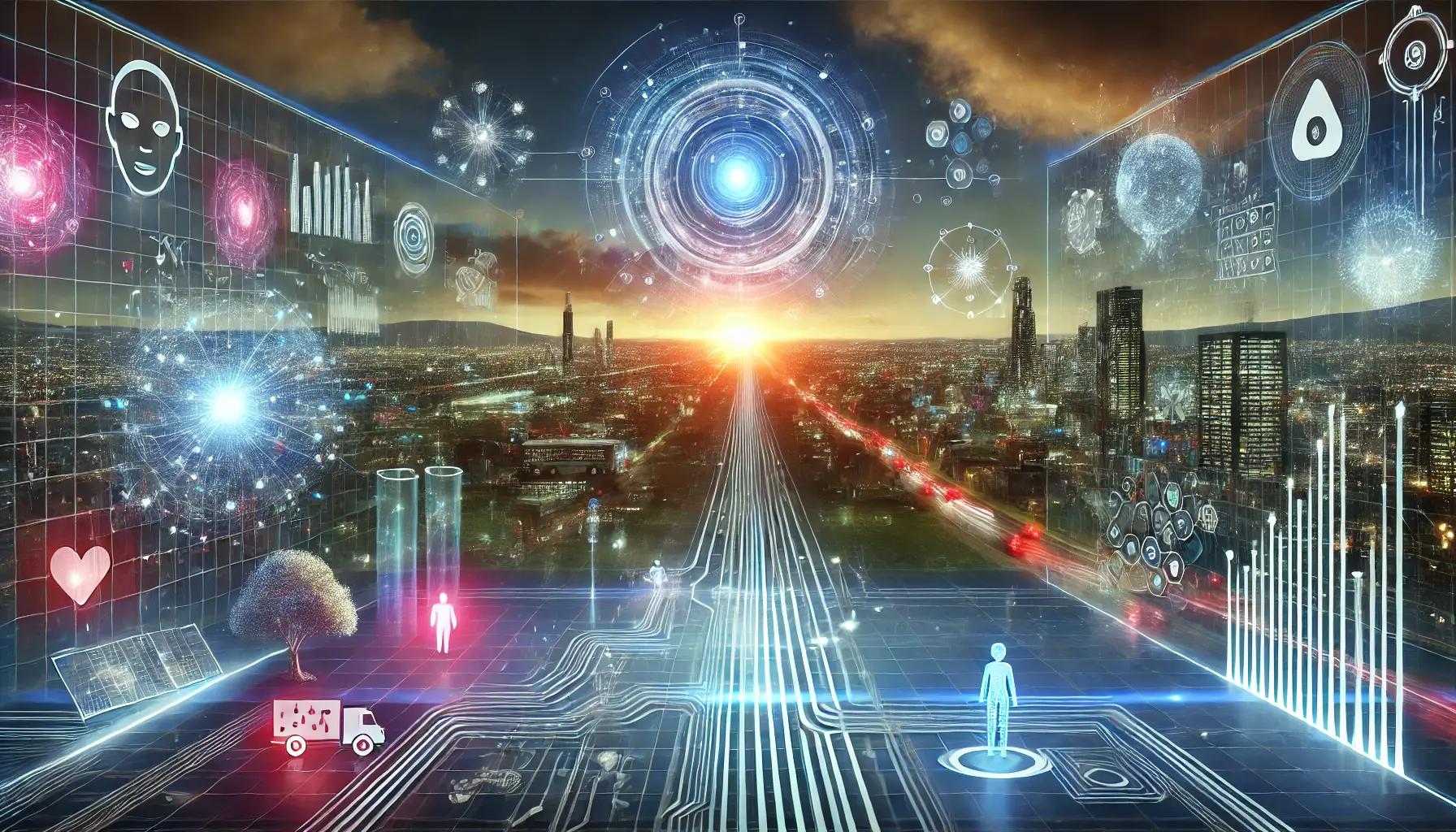 A digital horizon with AI systems evolving and connecting to various fields like healthcare, education, and industry, with holographic displays and a cityscape in the background.