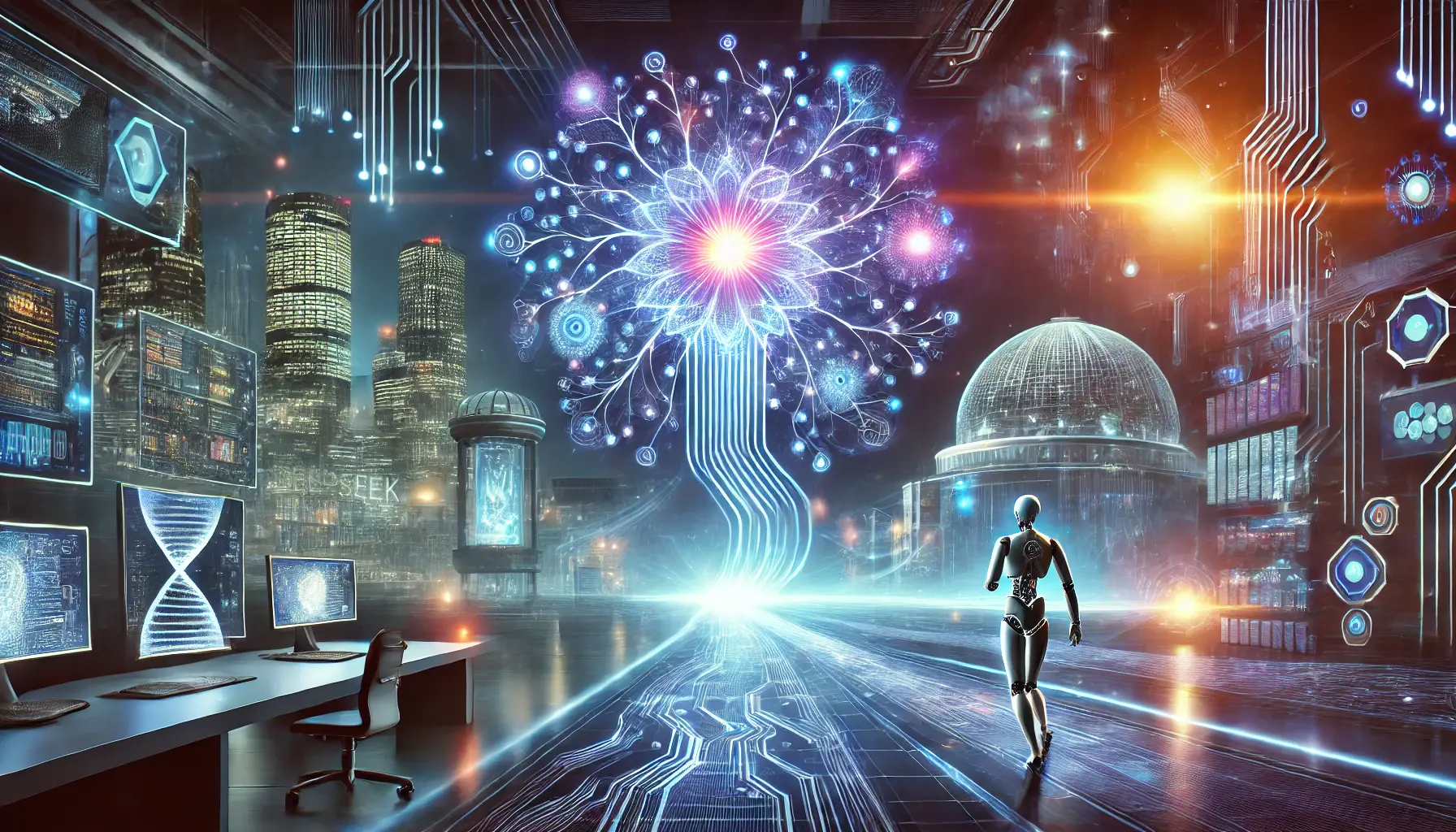 A futuristic depiction of DeepSeek R1’s potential future, with expanding neural networks and digital pathways symbolizing advancements and evolution in AI technology.