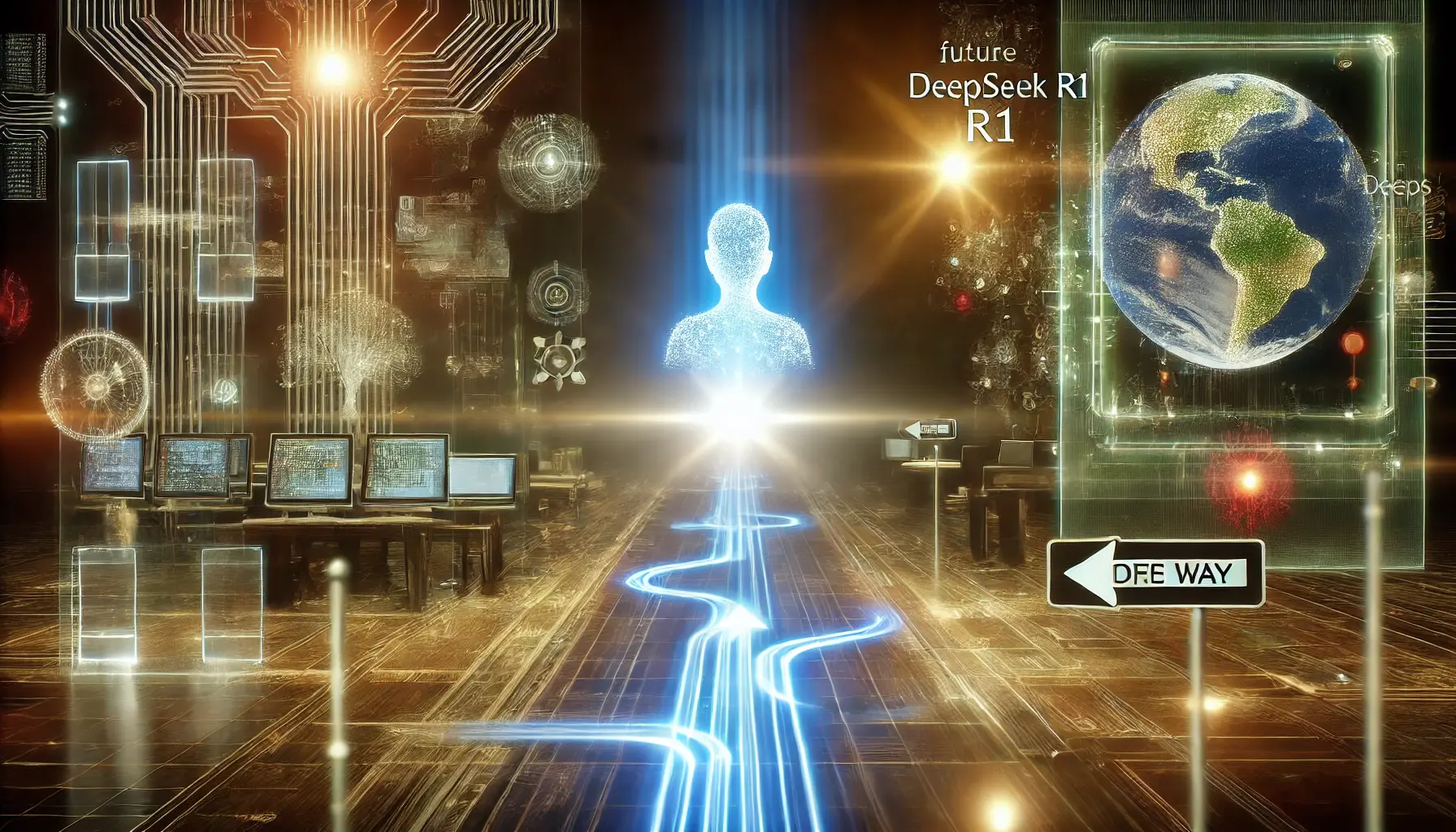 A futuristic digital scene representing the uncertain and evolving future of DeepSeek R1. The image shows a glowing AI model at the forefront, with pathways leading into the distance, symbolizing various possible futures. The pathways are surrounded by digital elements such as holographic displays, neural networks, and interconnected global systems. The scene conveys a sense of anticipation and potential, illustrating the many directions DeepSeek R1 could take in the AI landscape, with a focus on innovation and technological progress.