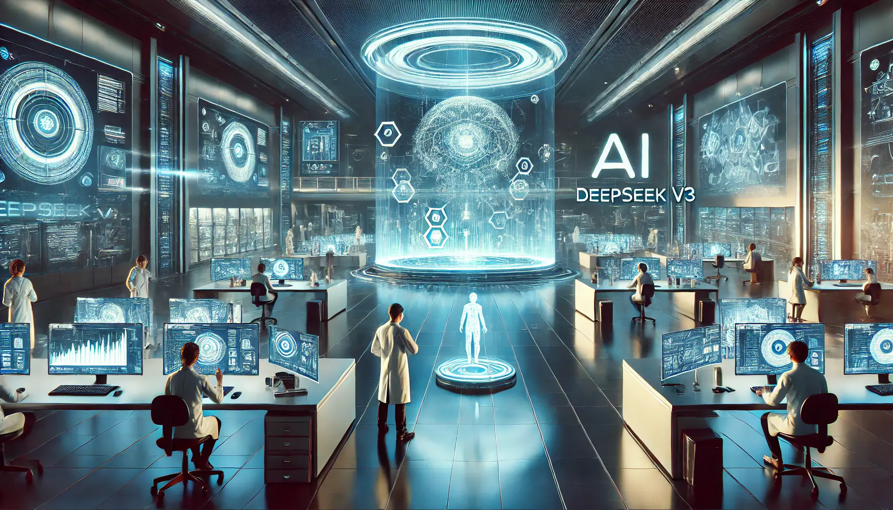 A futuristic AI research facility where scientists work with advanced AI models, projecting future innovations for DeepSeek v3.