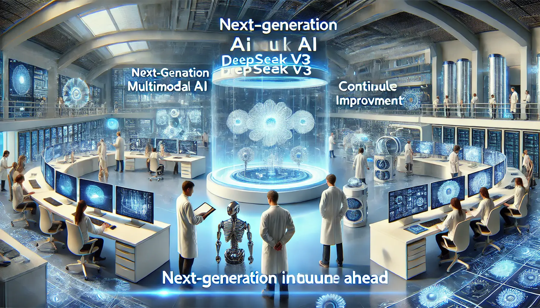 A futuristic AI research lab showing the potential future developments of DeepSeek v3, with researchers analyzing evolving AI models.